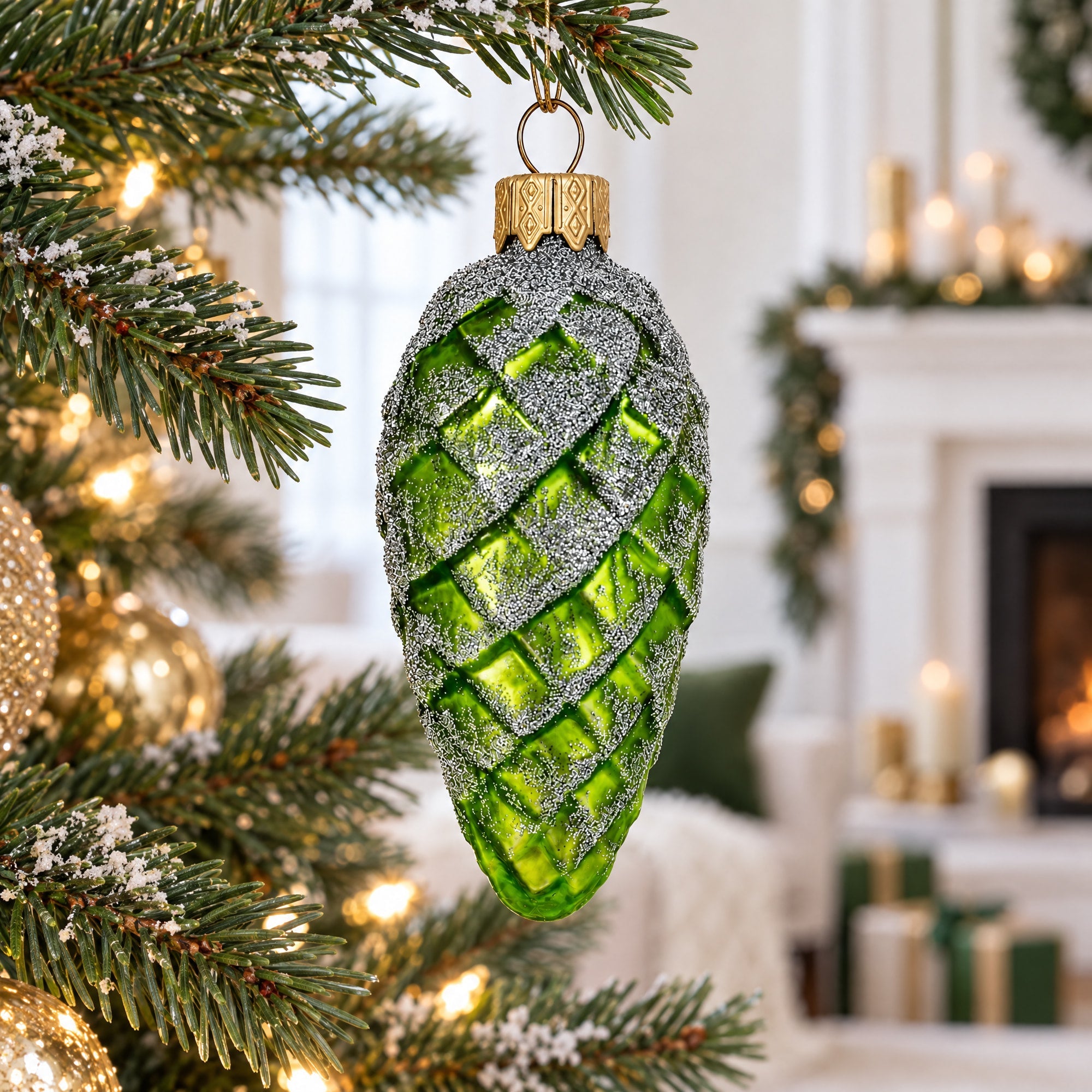 Green Pinecone with Silver Glitter Glass Christmas Ornament