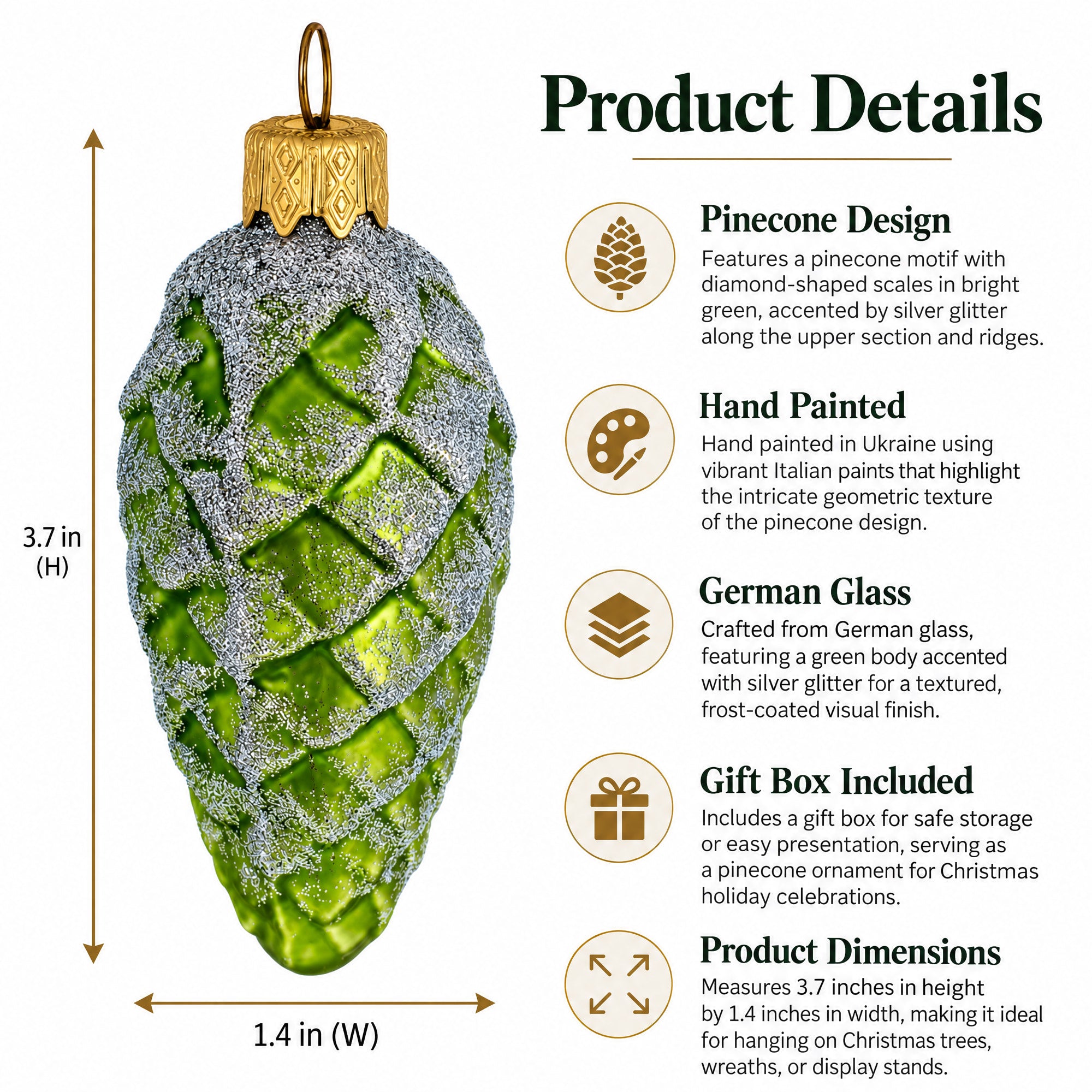 Green Pinecone with Silver Glitter Glass Christmas Ornament