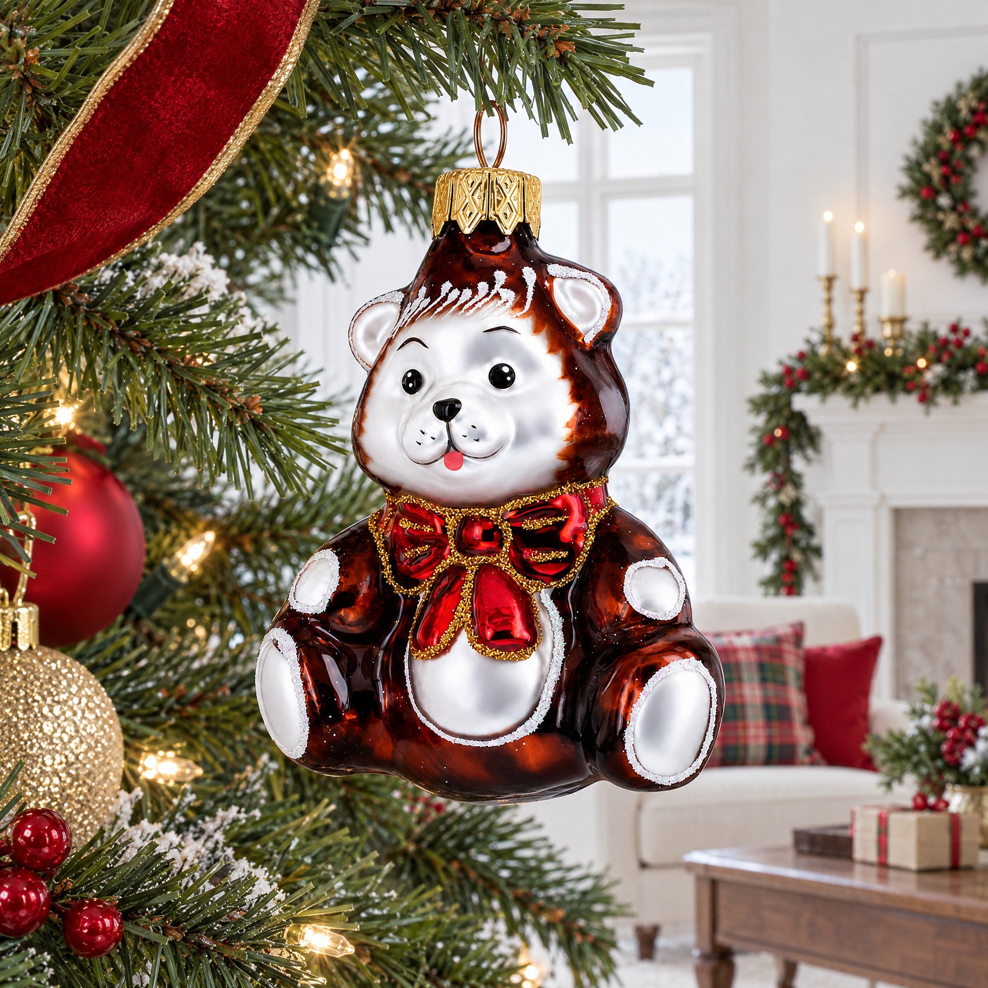 Teddy Bear with Red Bow Glass Christmas Ornament