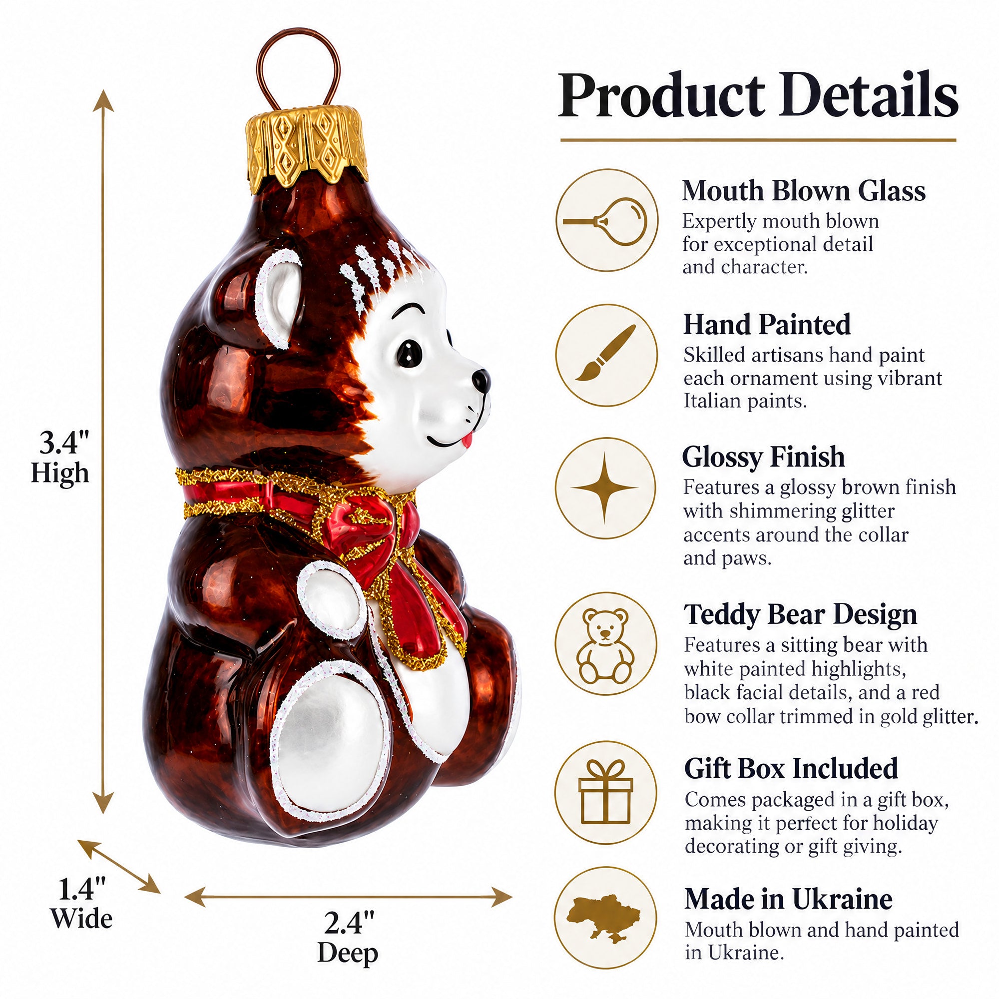 Teddy Bear with Red Bow Glass Christmas Ornament