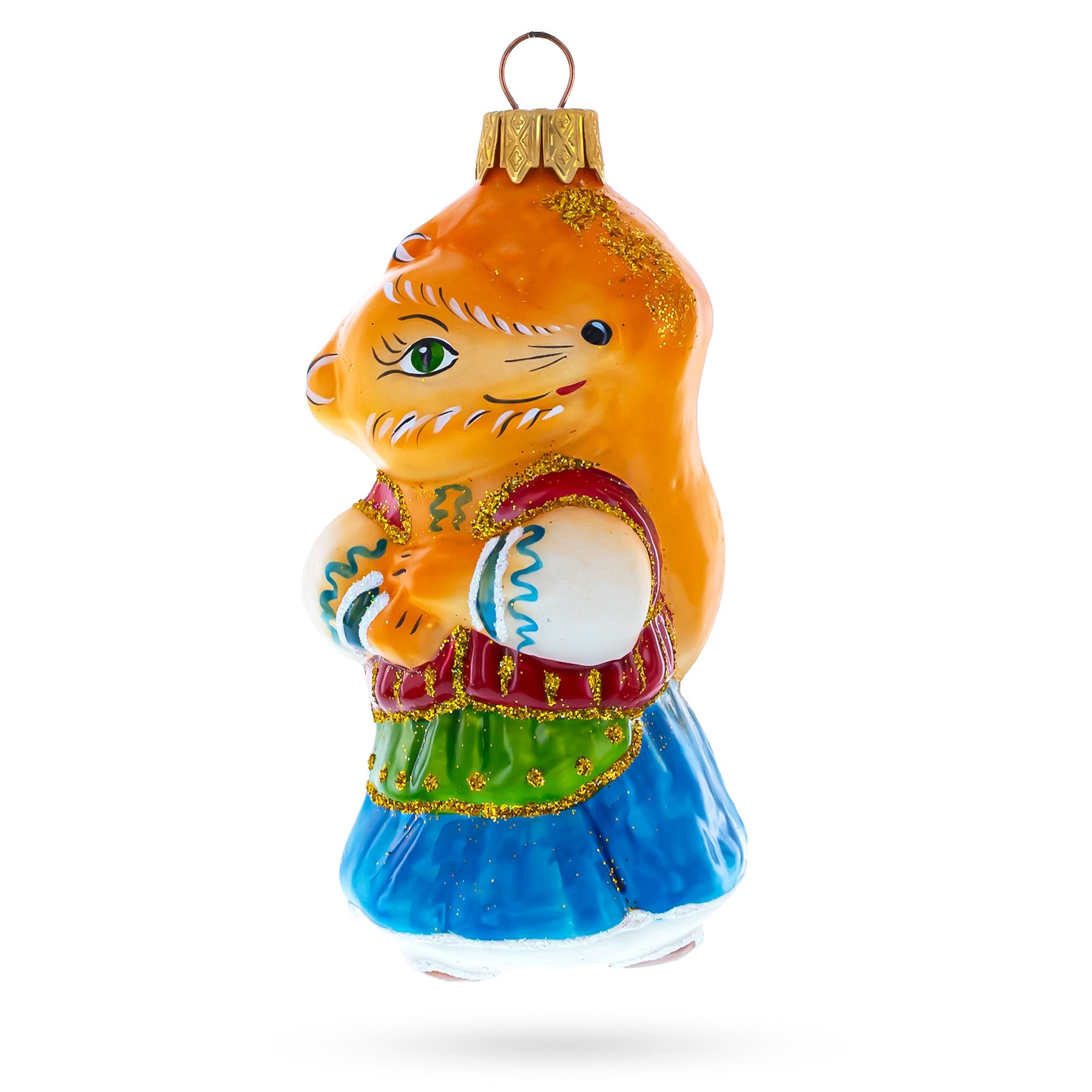 Fox in Folk Embroidered Costume Glass Christmas Ornament