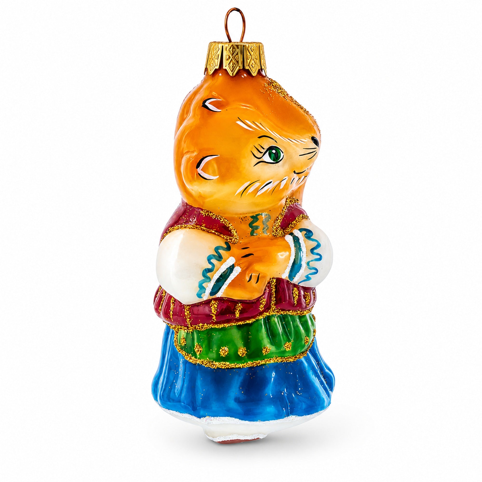 Fox in Folk Embroidered Costume Glass Christmas Ornament