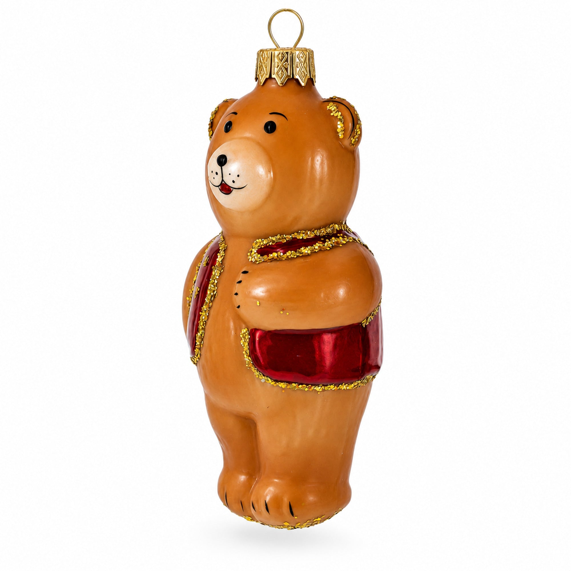 Brown Bear with Red Vest Glass Christmas Ornament