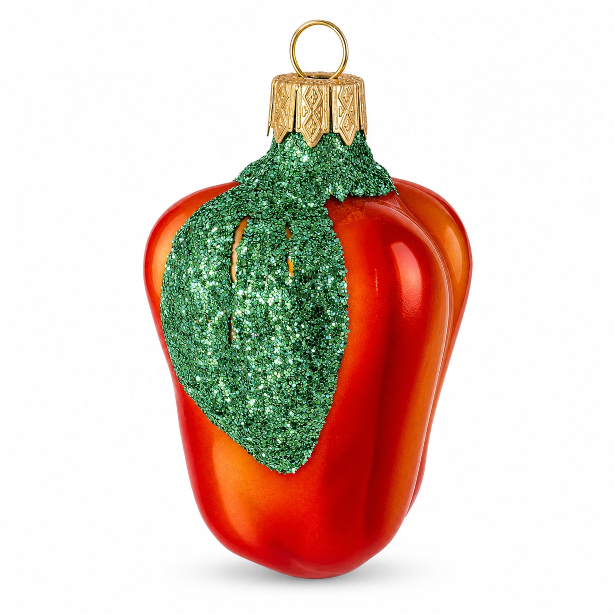 Red Bell Pepper with Green Glitter Stem Glass Christmas Ornament