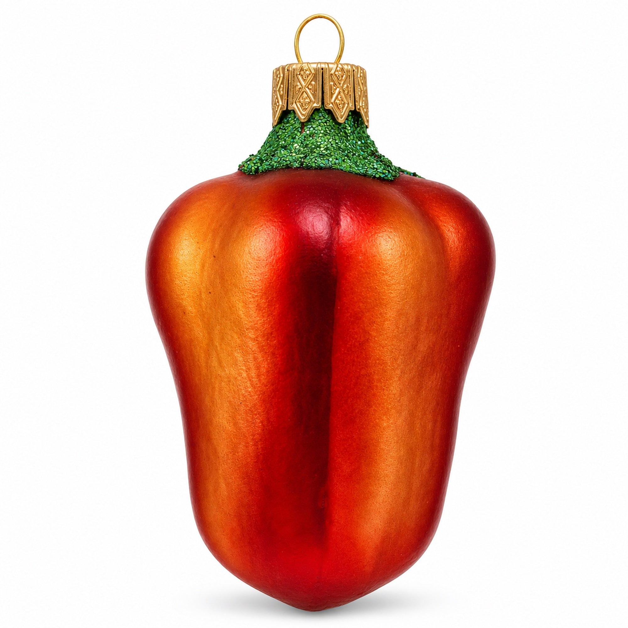 Red Bell Pepper with Green Glitter Stem Glass Christmas Ornament