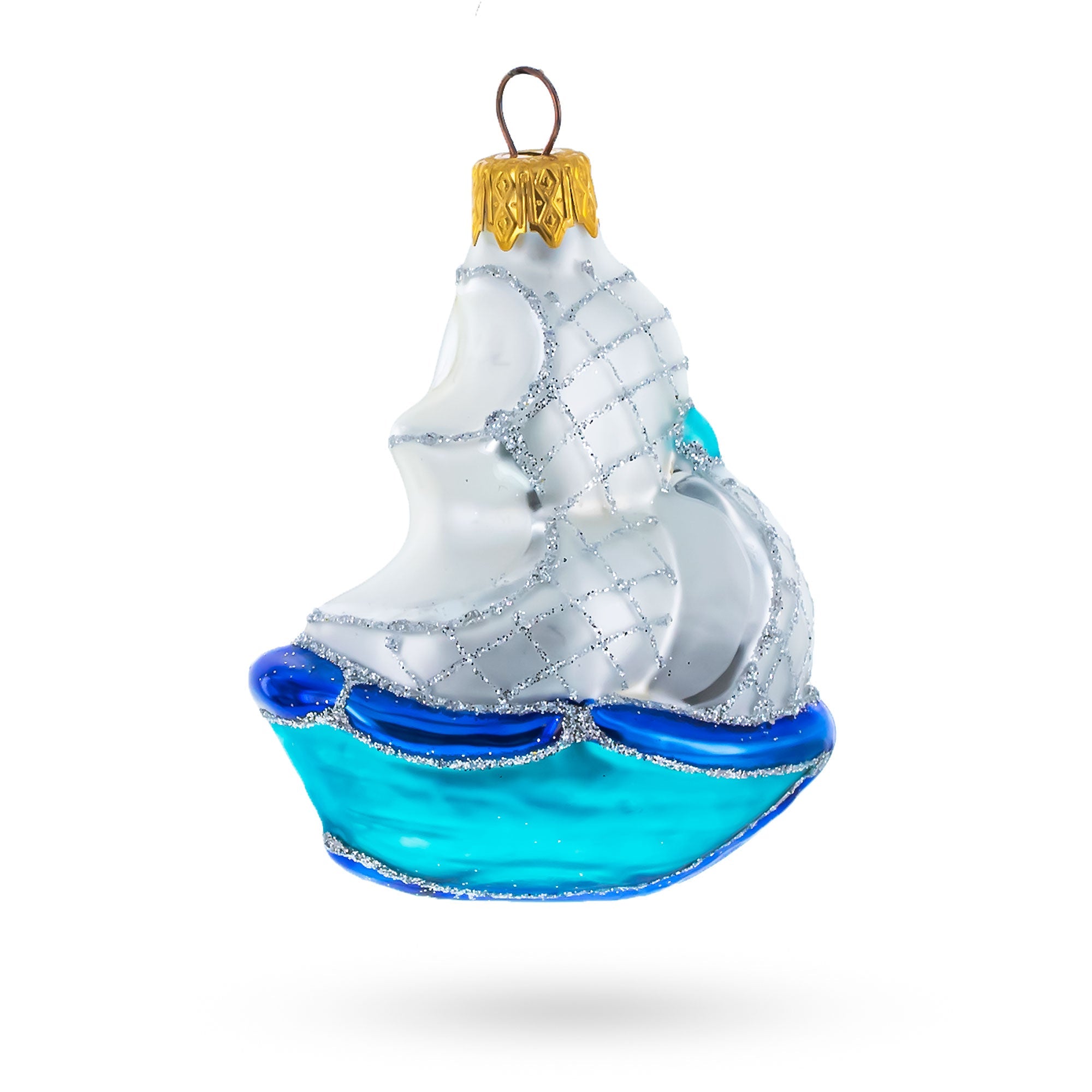 Sailing Ship with White Sails and Blue Hull Glass Christmas Ornament