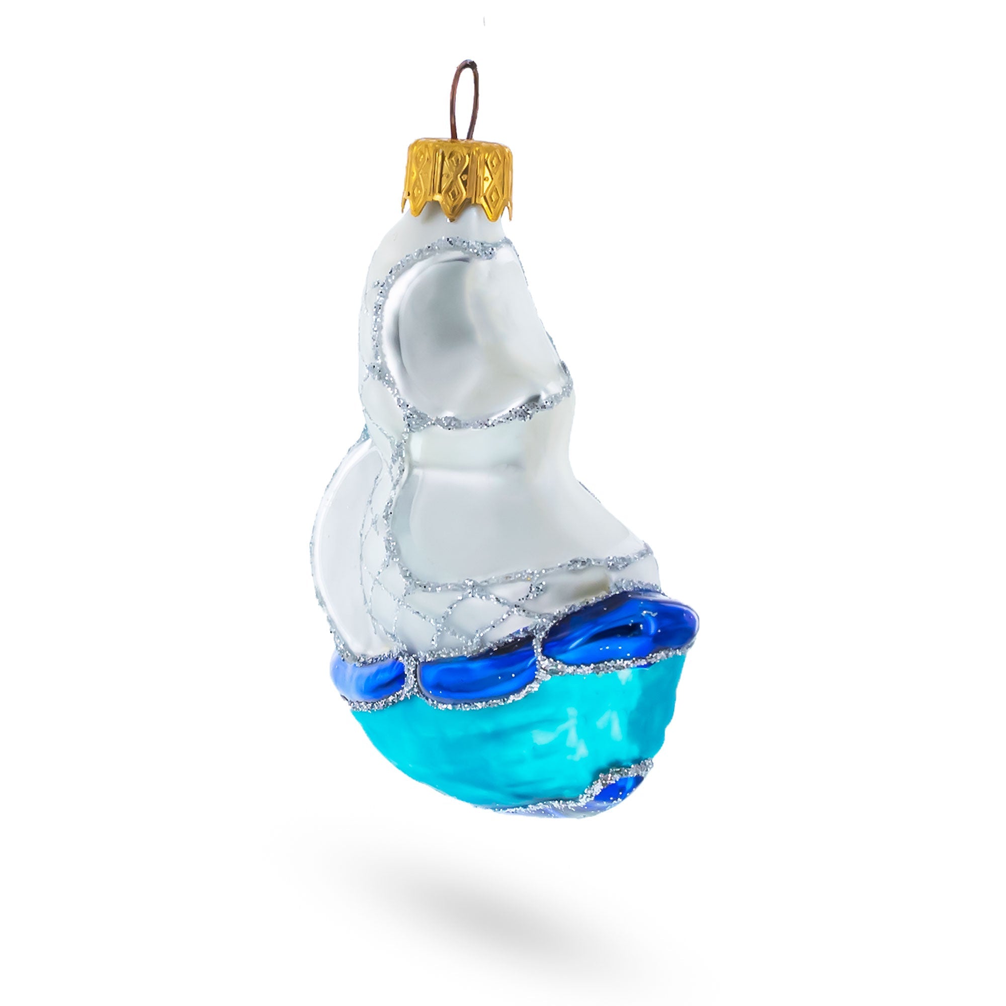 Sailing Ship with White Sails and Blue Hull Glass Christmas Ornament