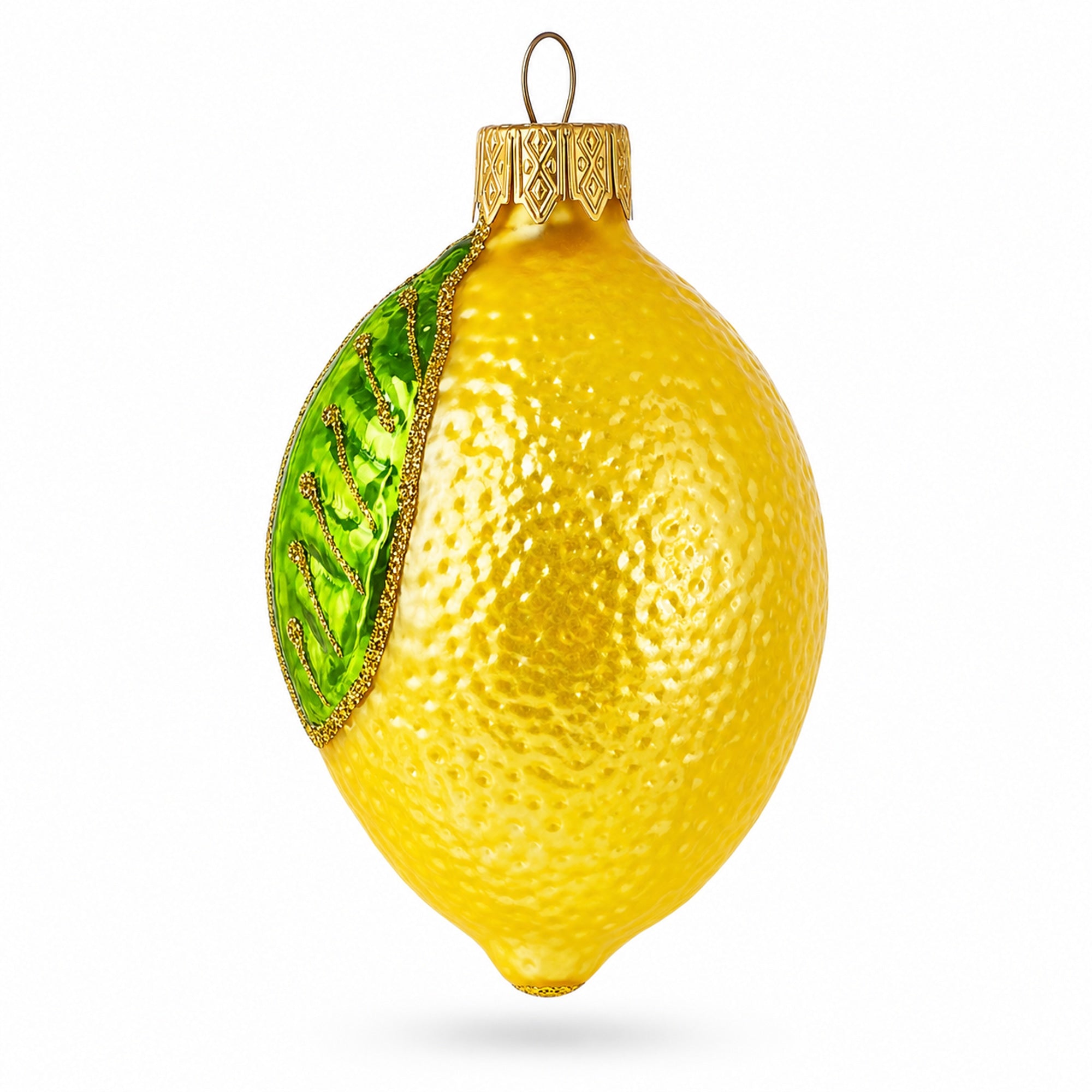 Lemon with Green Leaf Glass Christmas Ornament 3.7 Inches
