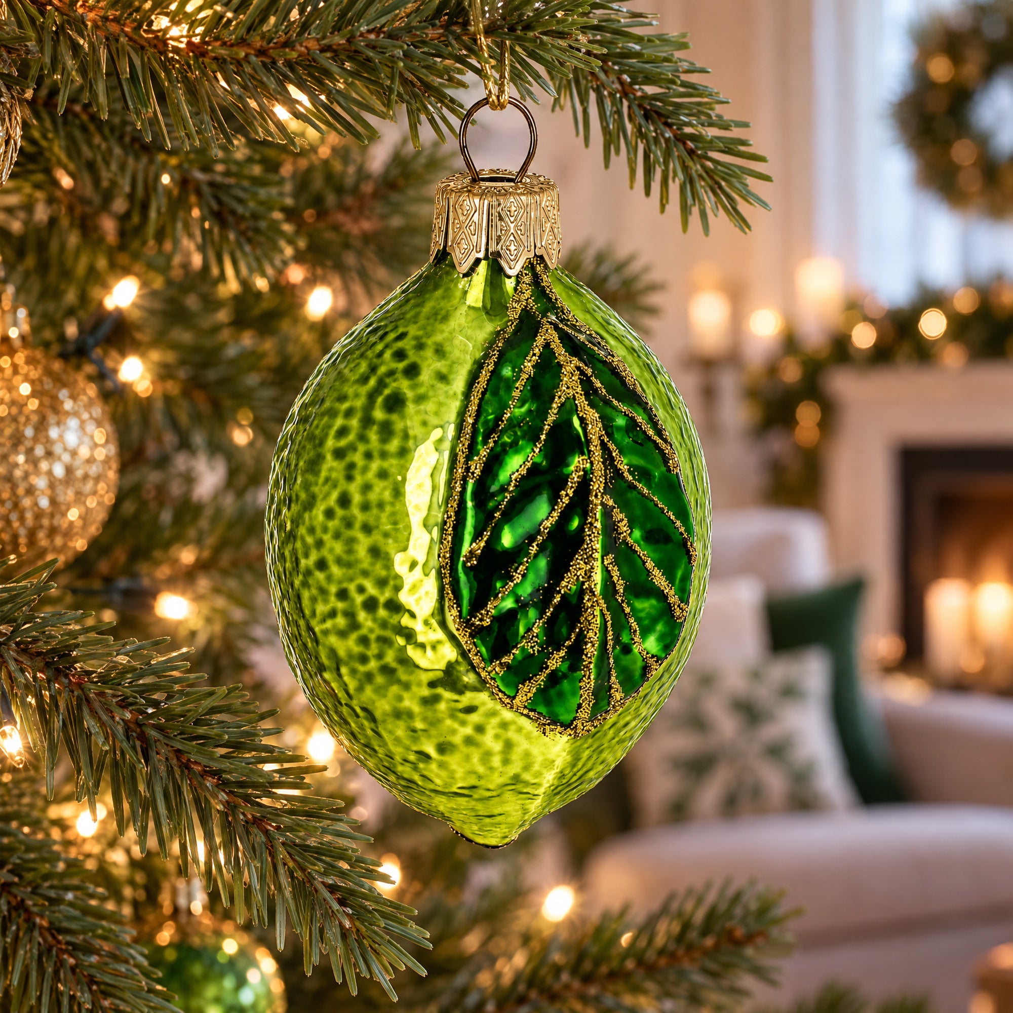 Lime with Shiny Leaf Glass Christmas Ornament