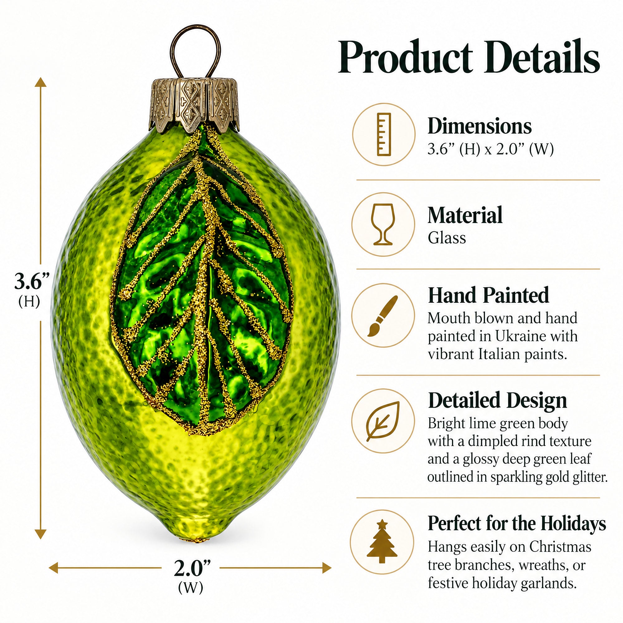 Lime with Shiny Leaf Glass Christmas Ornament