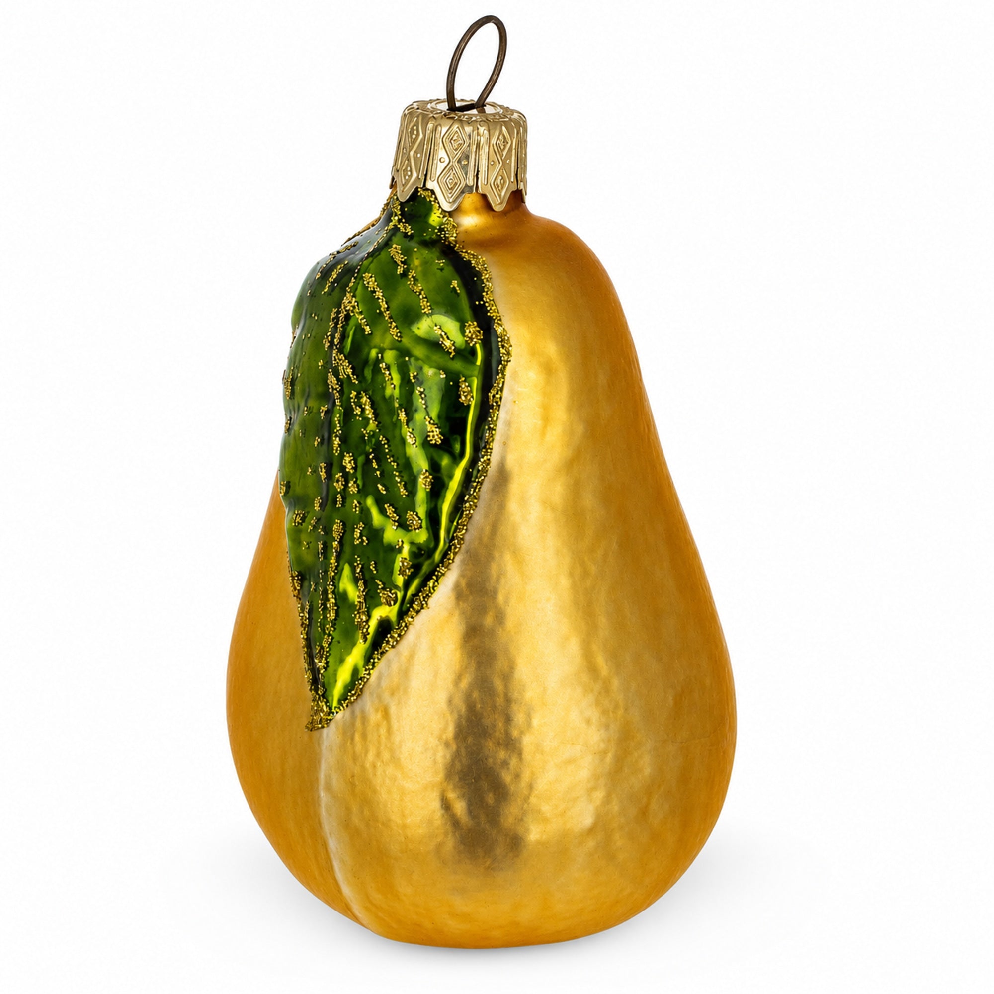 Pear with Green Leaf Glass Christmas Ornament 3.8 Inches