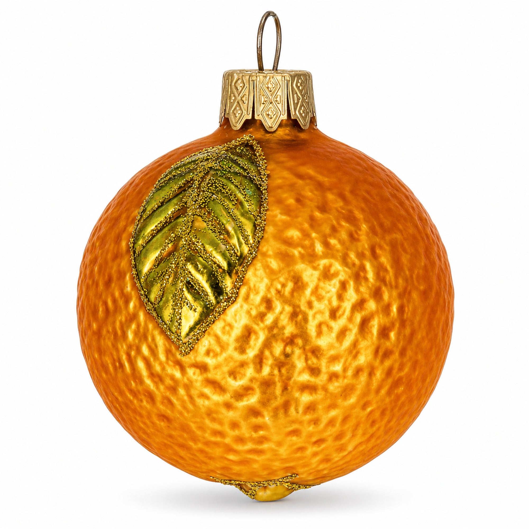 Orange with Shiny Leaf Glass Christmas Ornament 3 Inches