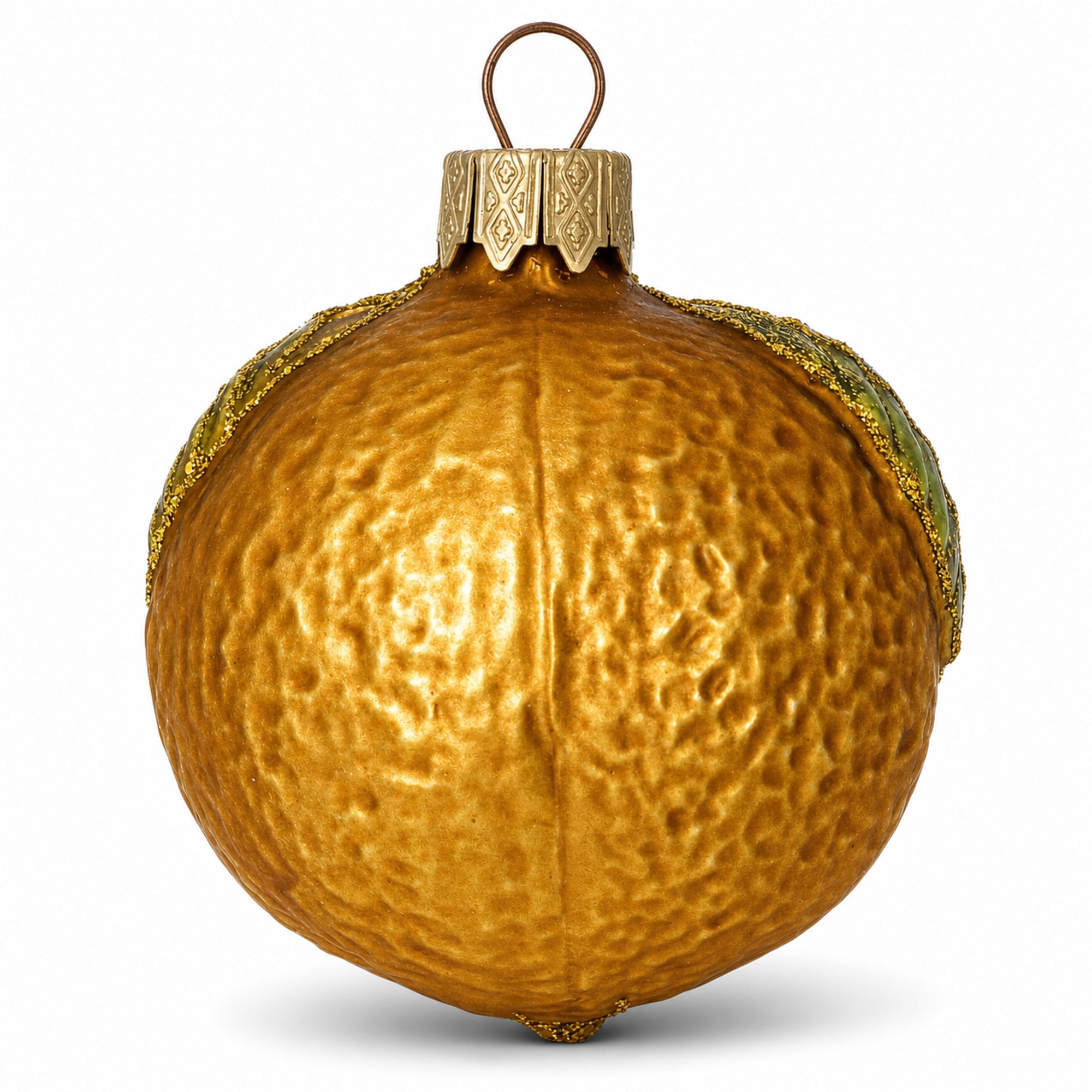 Orange with Shiny Leaf Glass Christmas Ornament 3 Inches