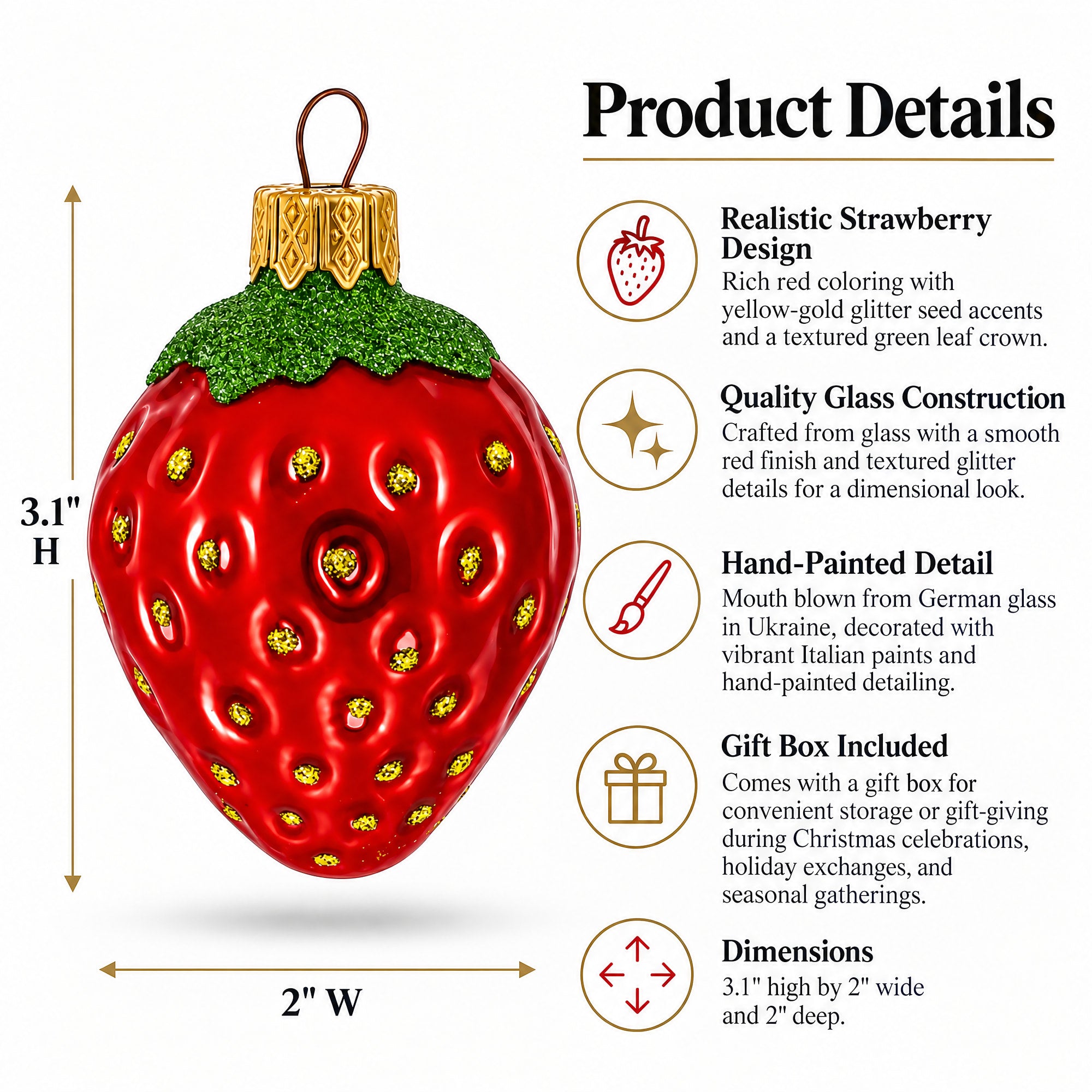 Strawberry with Leaf Glass Christmas Ornament