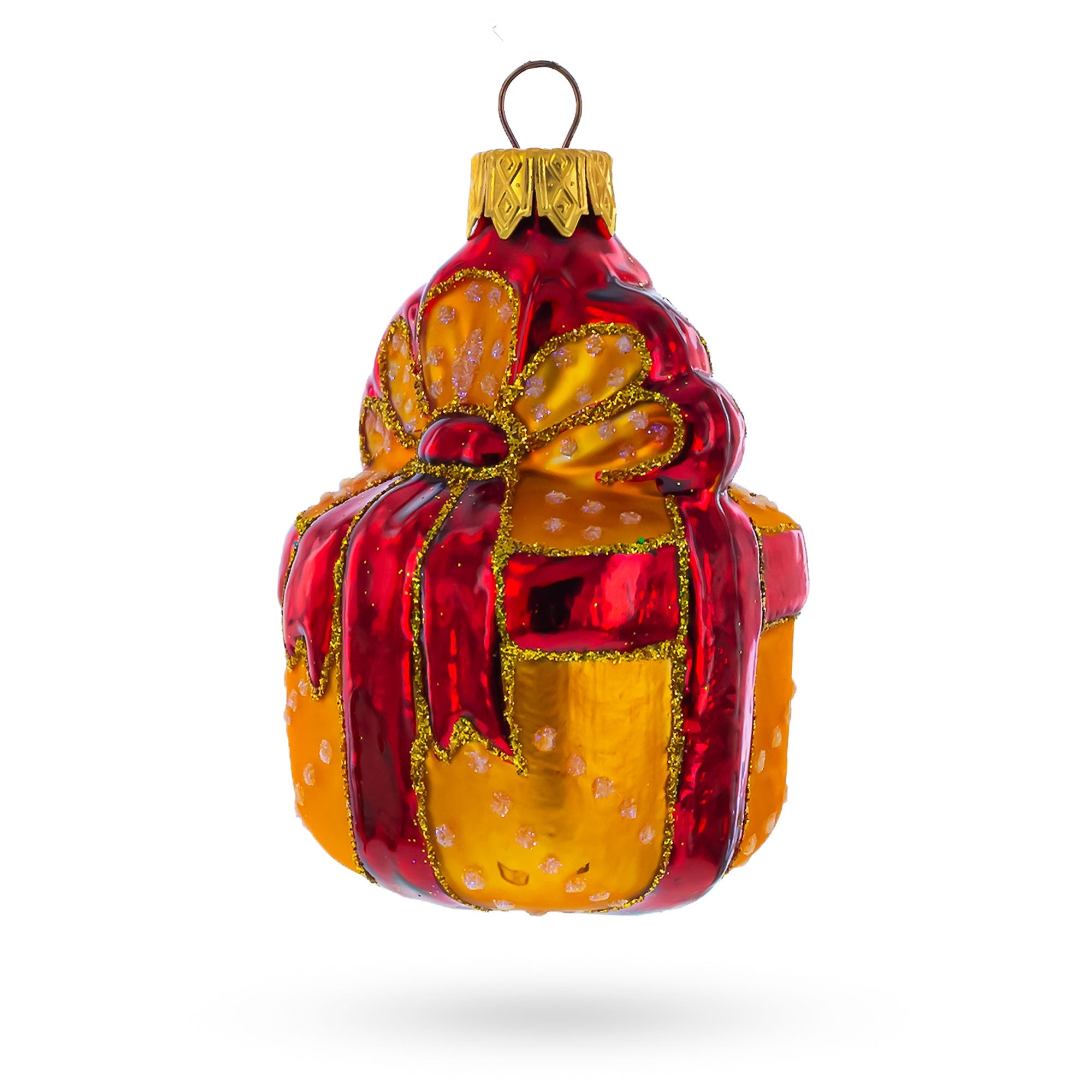 Gift Box with Red Ribbon Glass Christmas Ornament