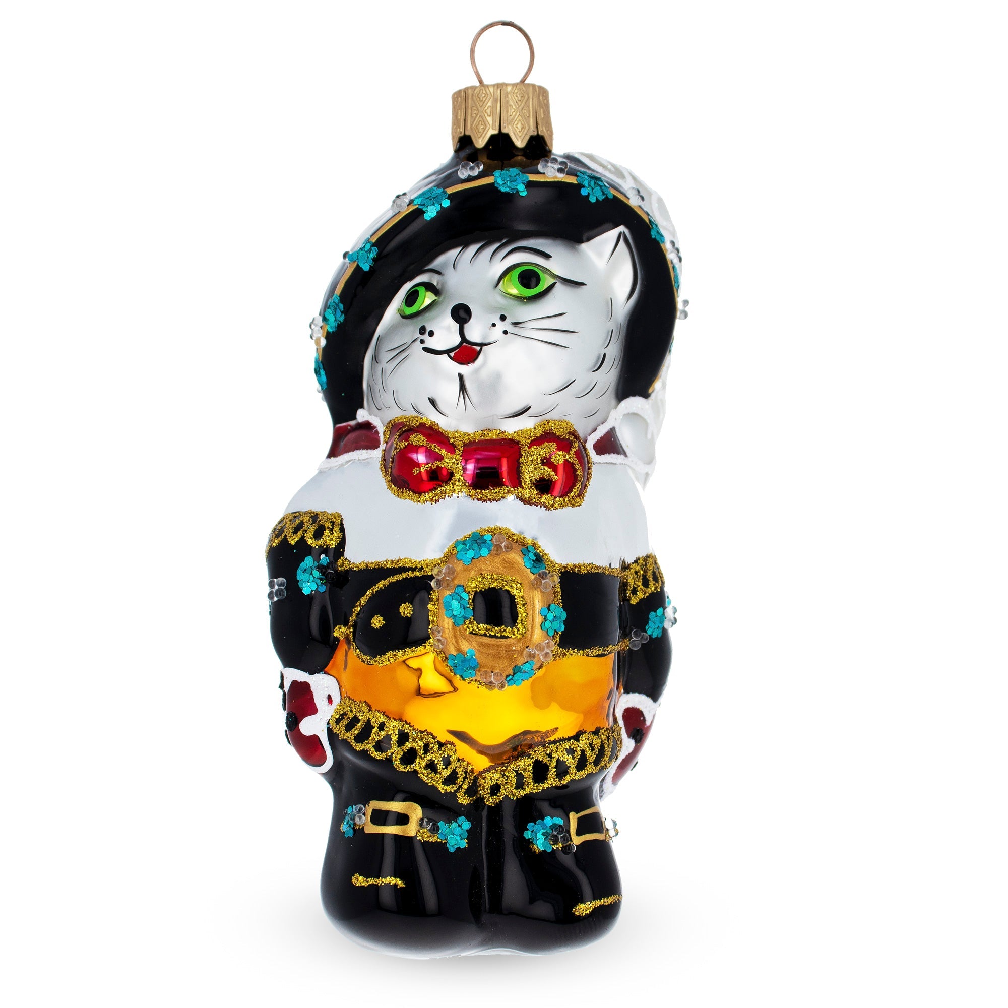 Puss in Boots Wearing Ornate Suit Glass Christmas Ornament