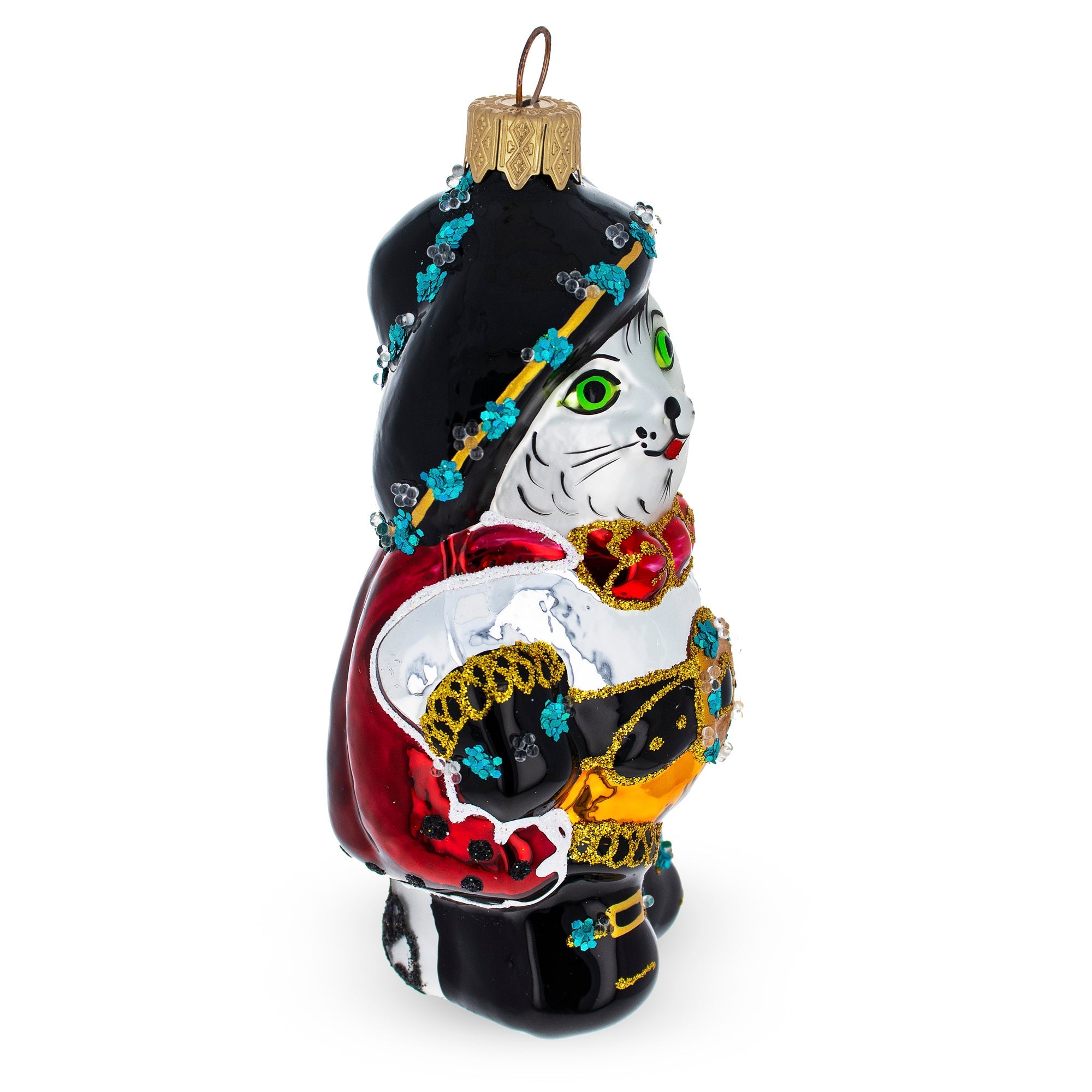 Puss in Boots Wearing Ornate Suit Glass Christmas Ornament