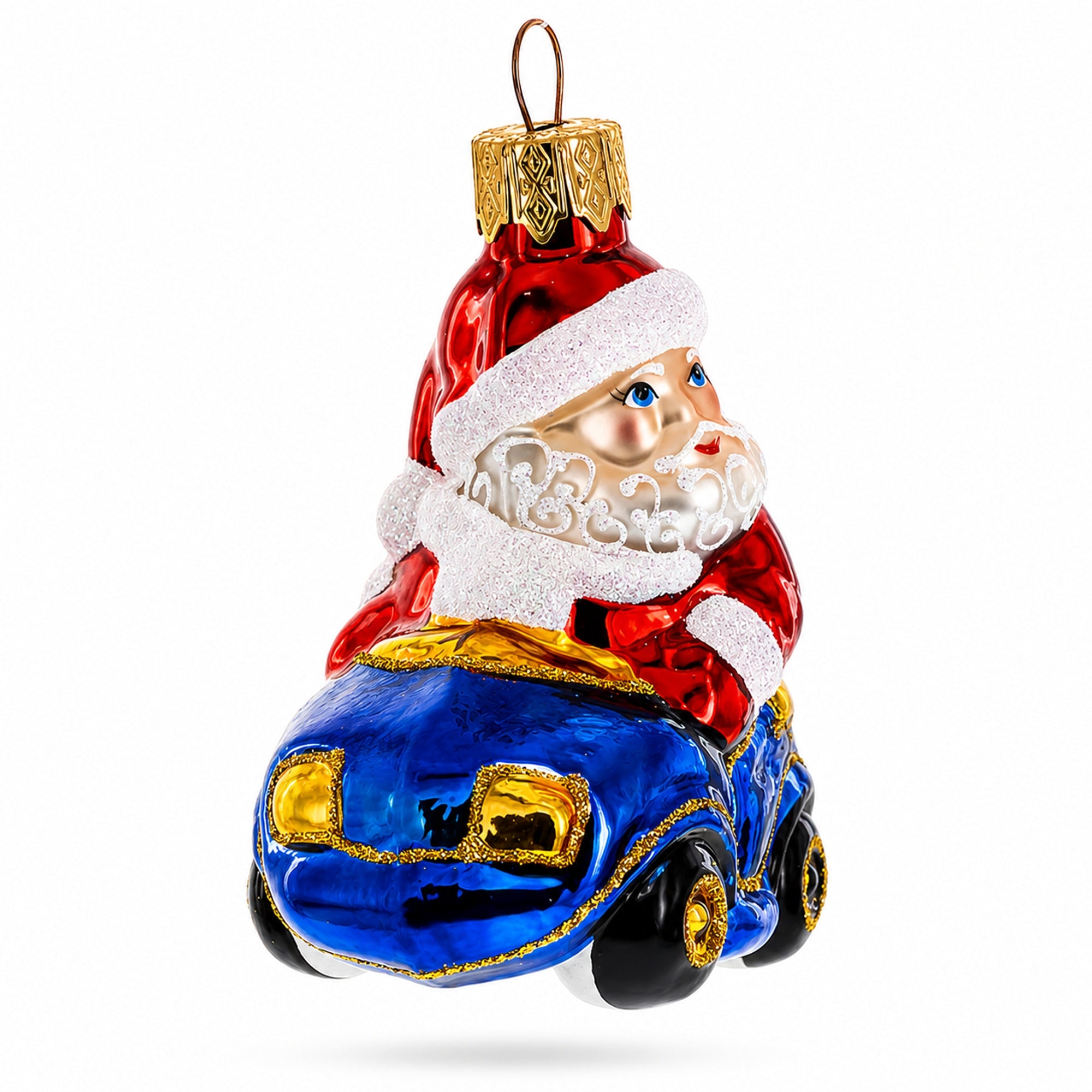 Santa Driving Blue Car Glass Ornaments