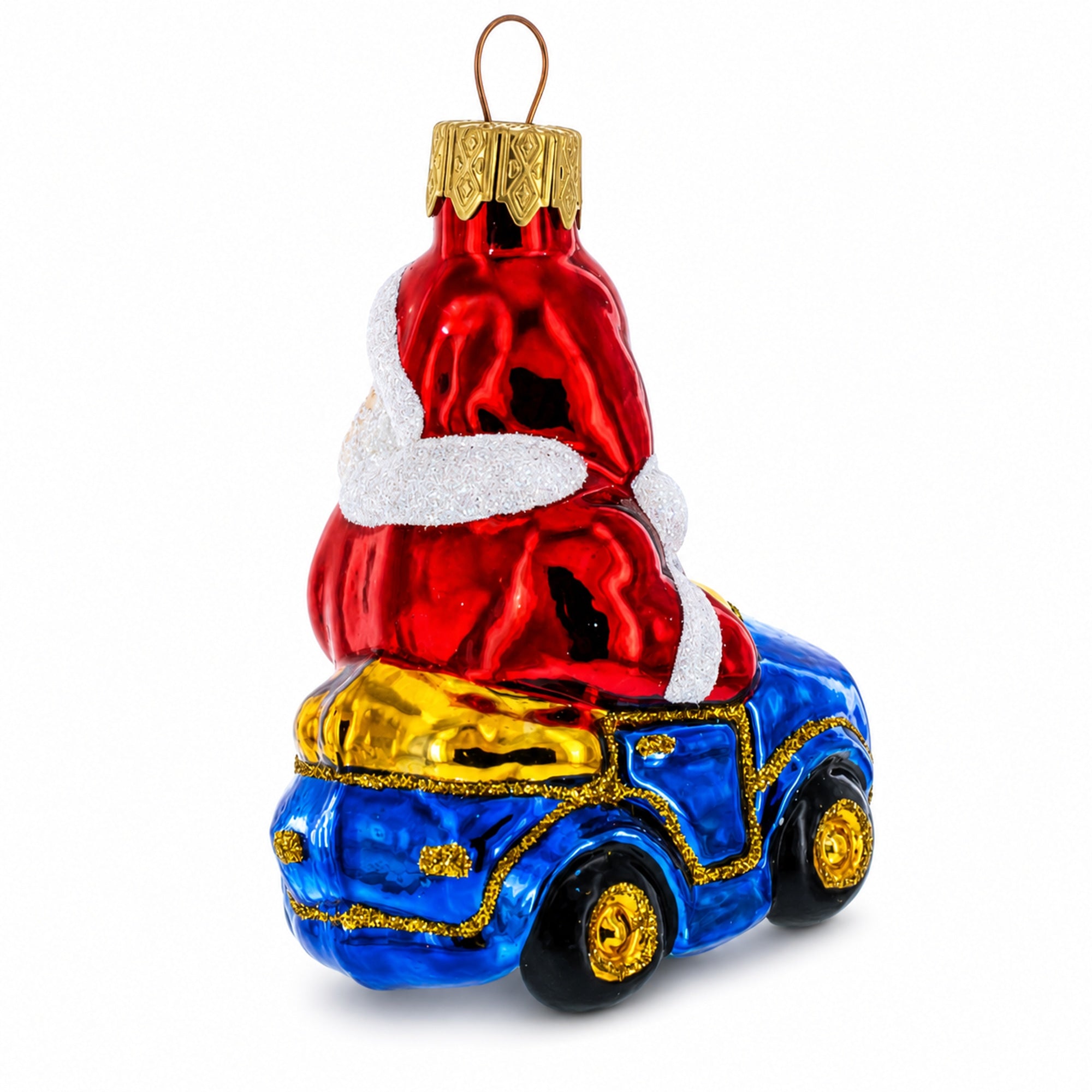 Santa Driving Blue Car Glass Ornaments