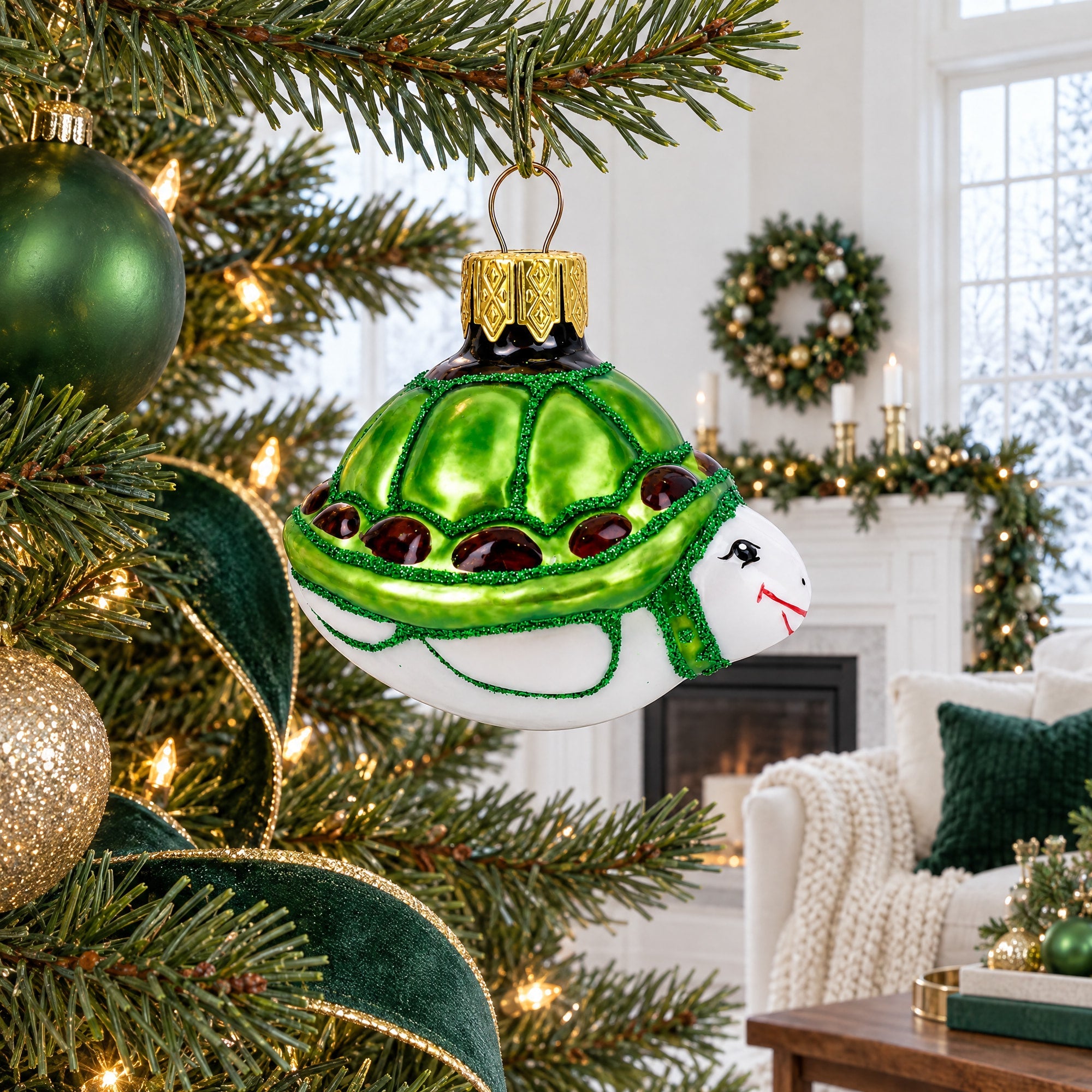 Turtle with Glittered Shell Mini Glass Christmas Ornament