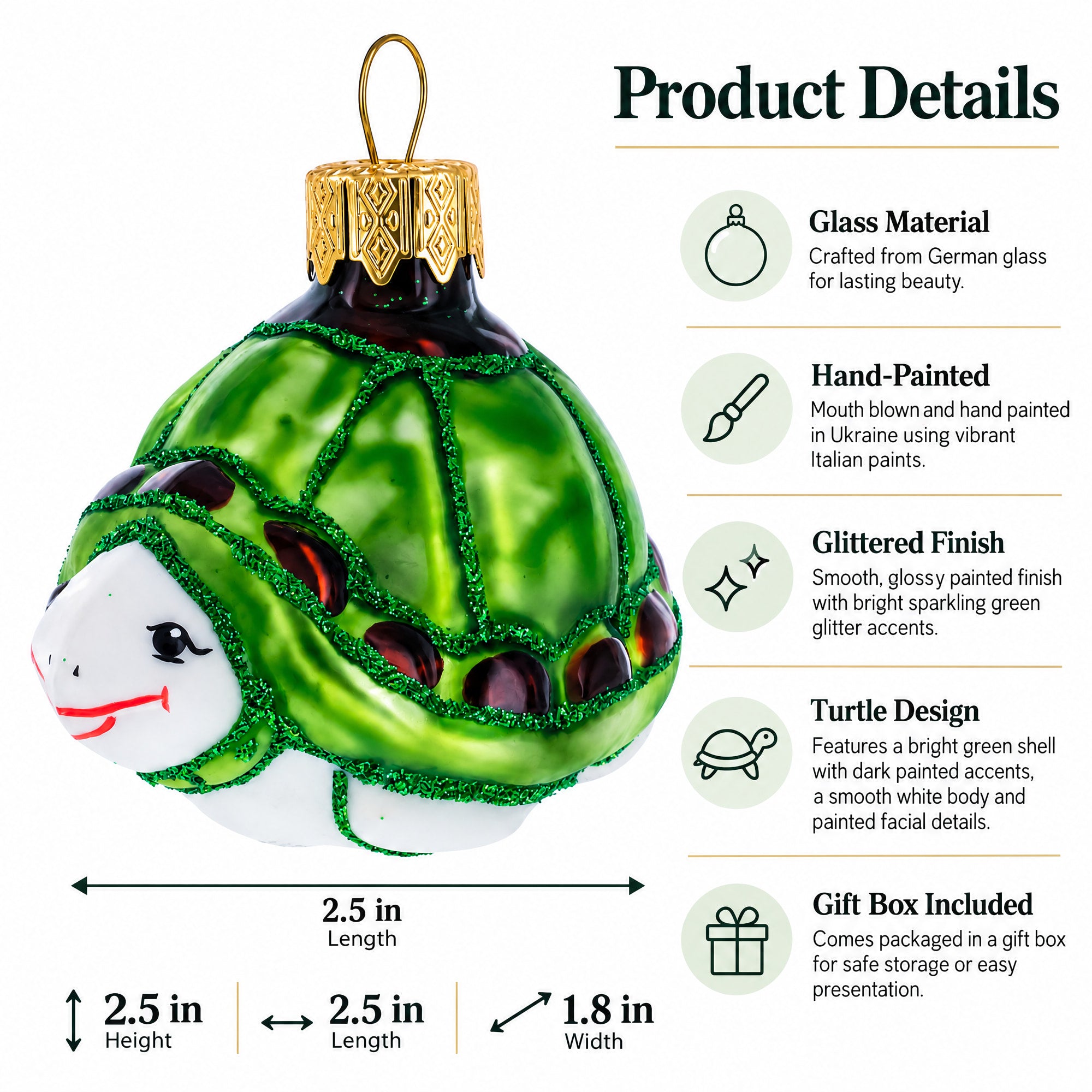 Turtle with Glittered Shell Mini Glass Christmas Ornament