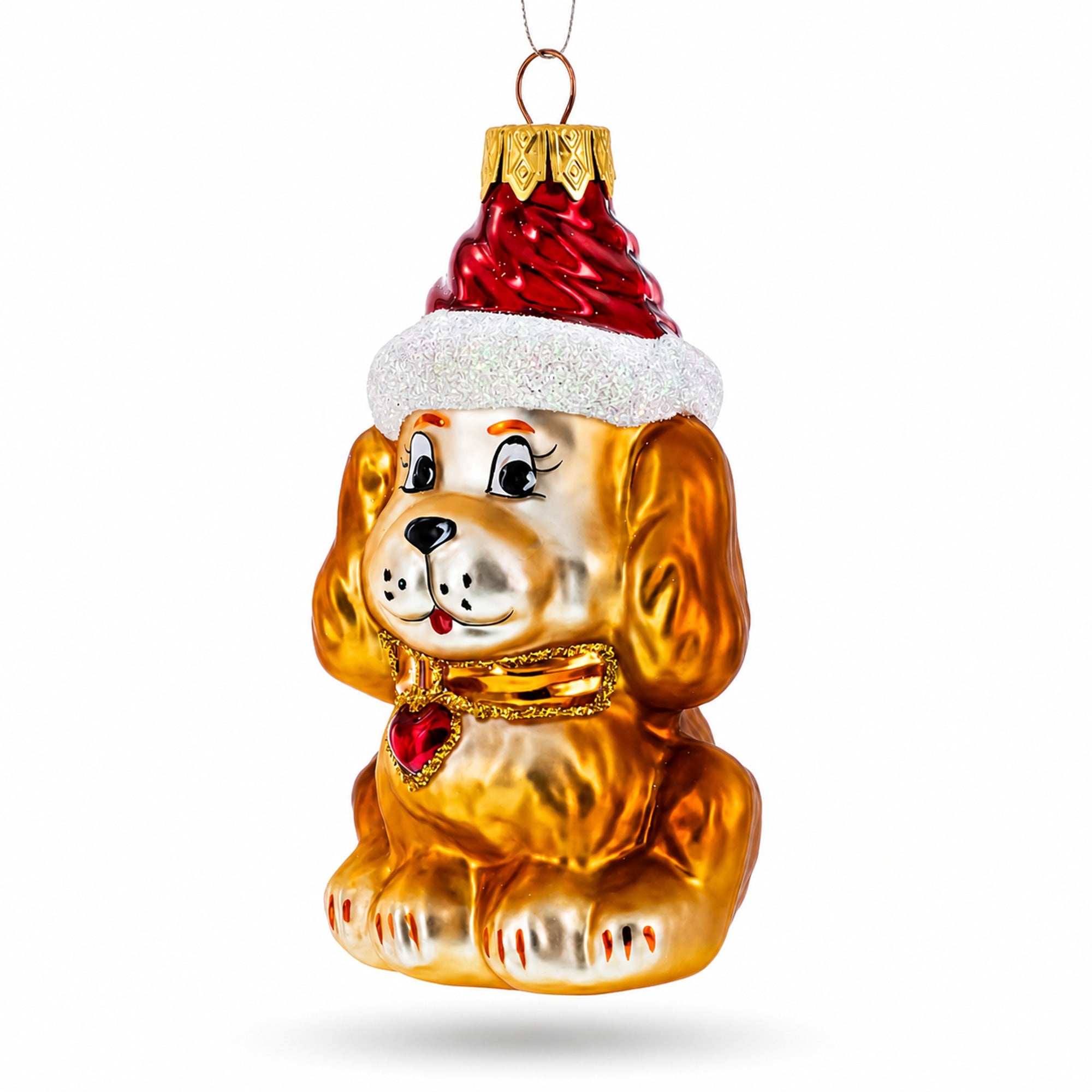 Golden Puppy in Red Santa Hat Glass Christmas Ornament