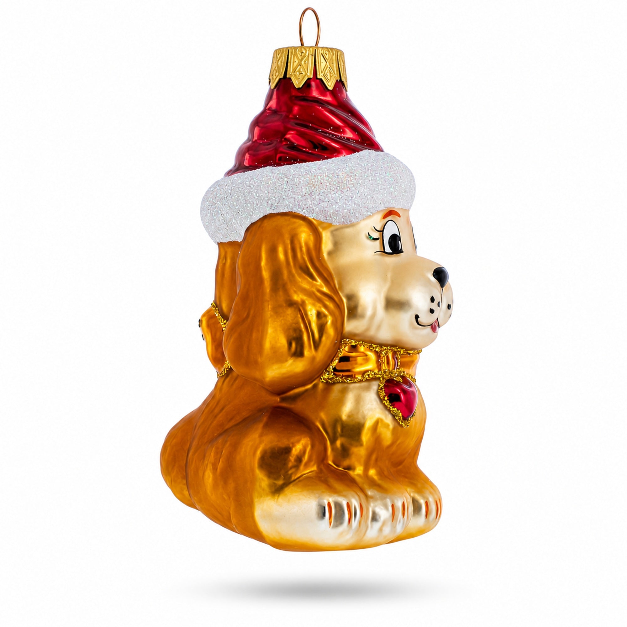 Golden Puppy in Red Santa Hat Glass Christmas Ornament