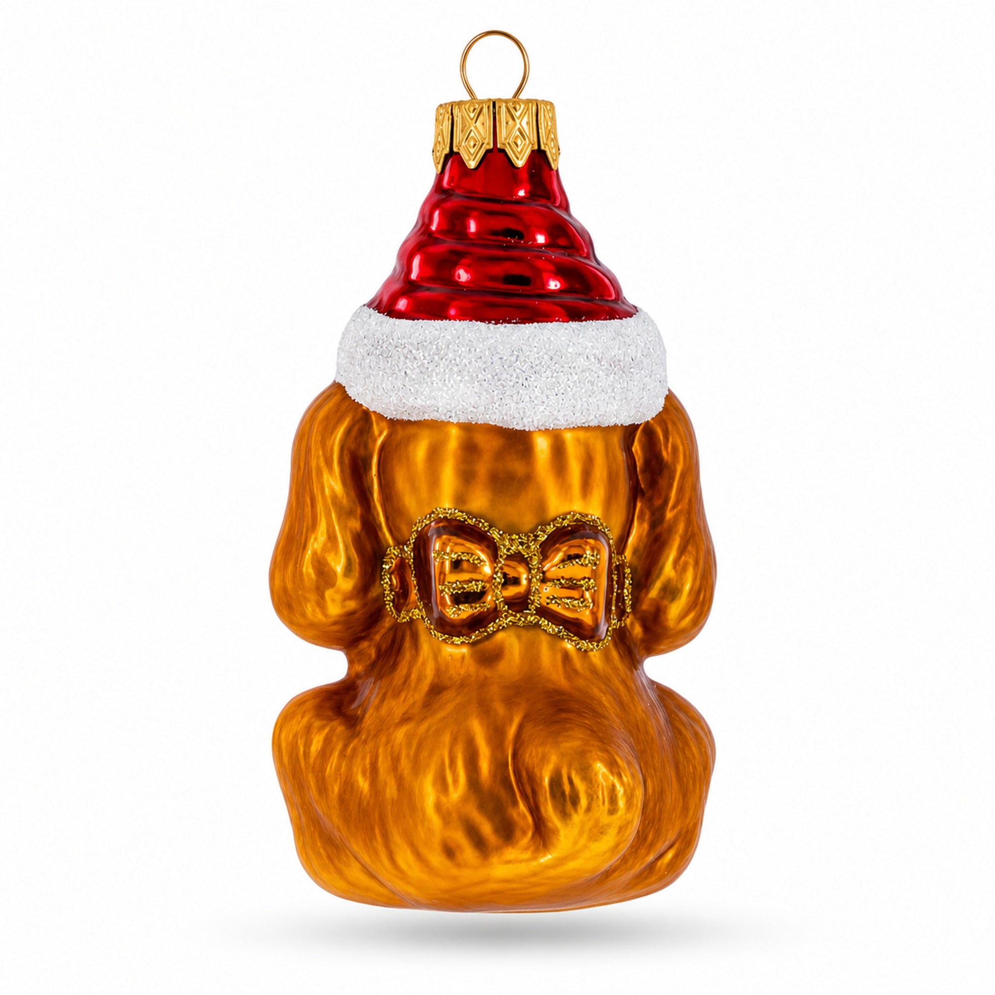 Golden Puppy in Red Santa Hat Glass Christmas Ornament