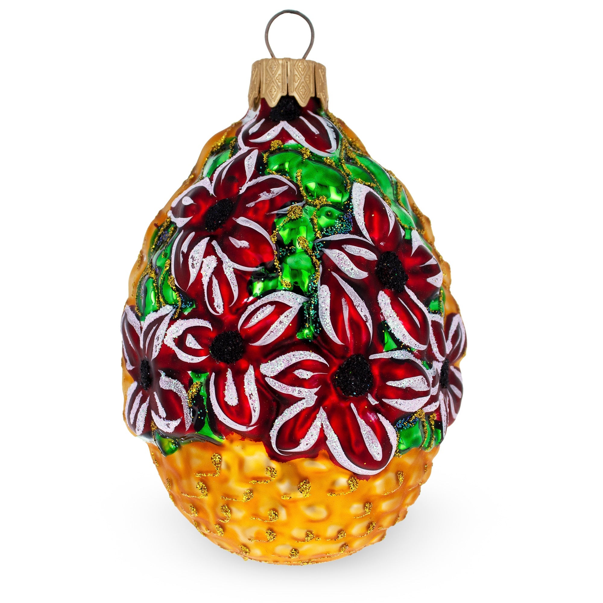 Red Flowers Bouquet Basket Glass Christmas Ornament