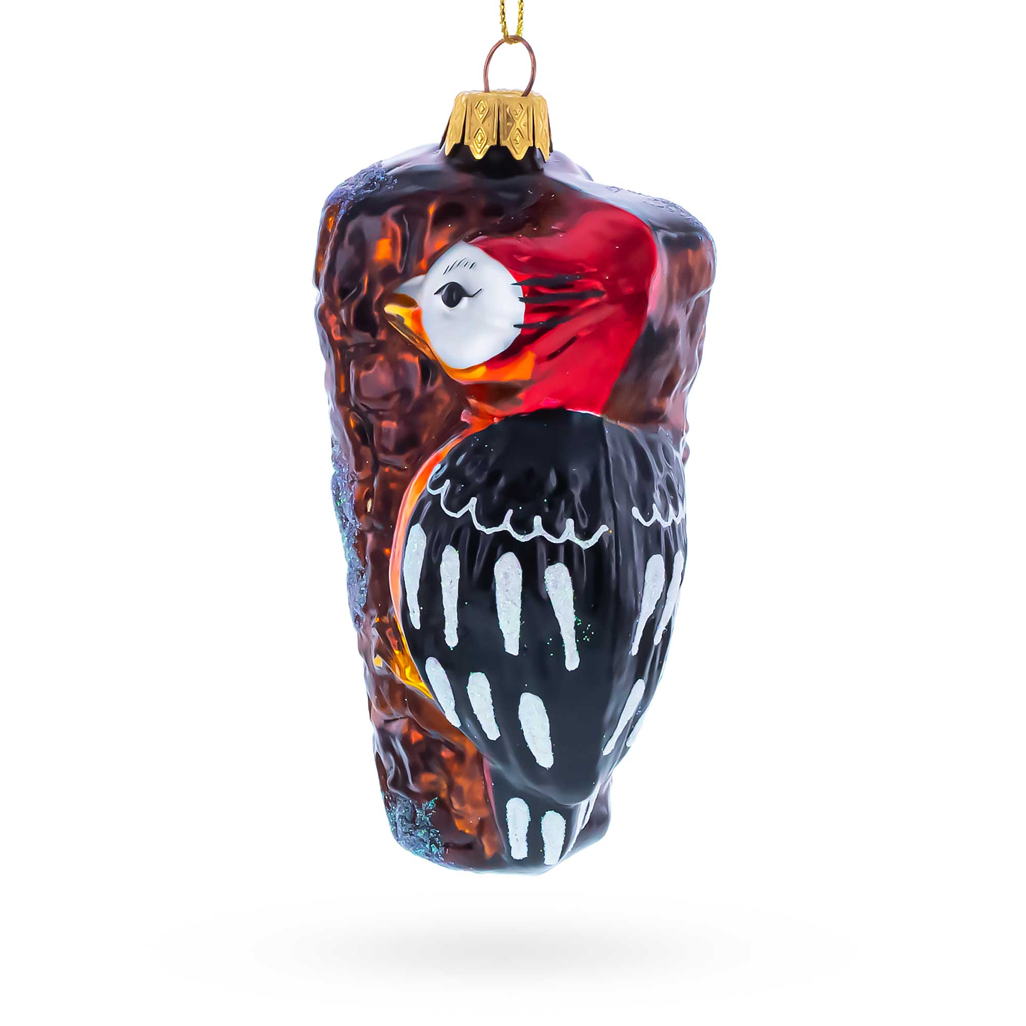 Red Headed Woodpecker Perched On Bark Glass Christmas Ornament