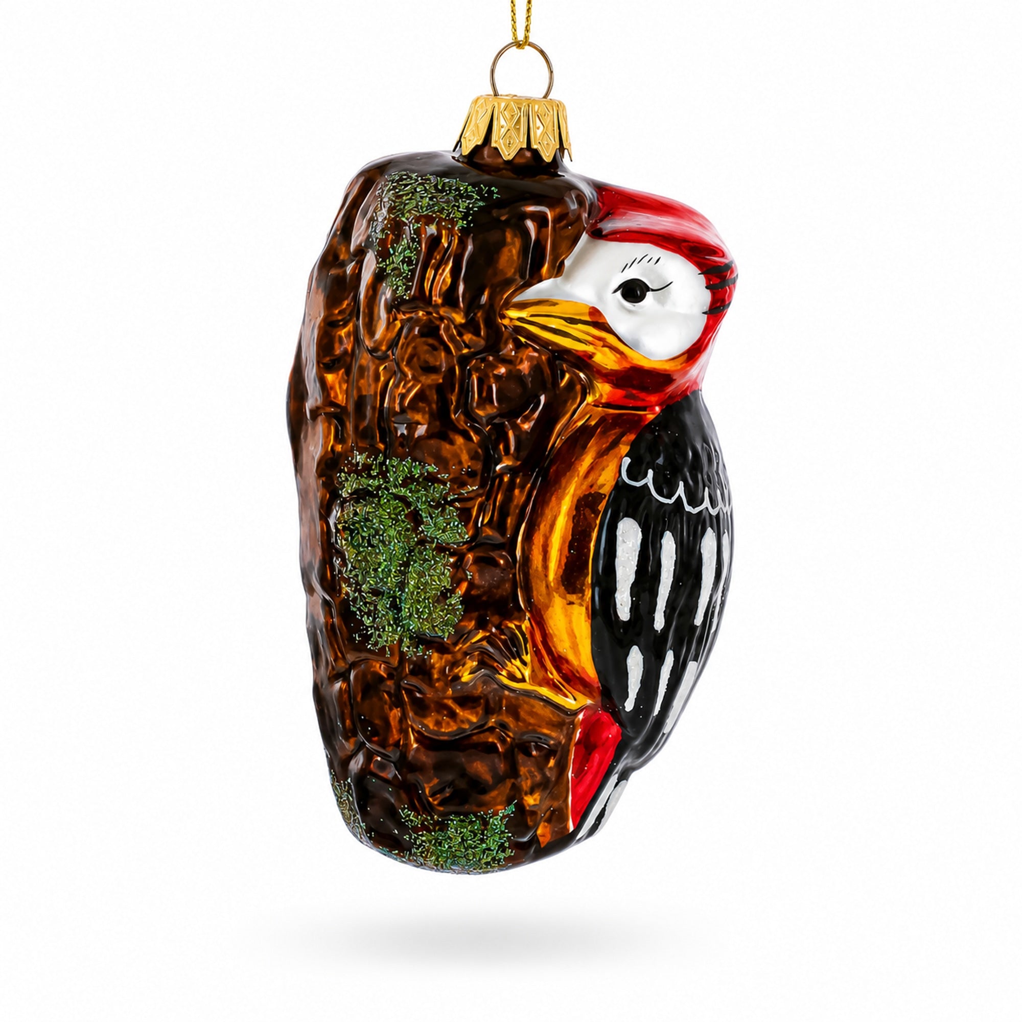 Red Headed Woodpecker Perched On Bark Glass Christmas Ornament