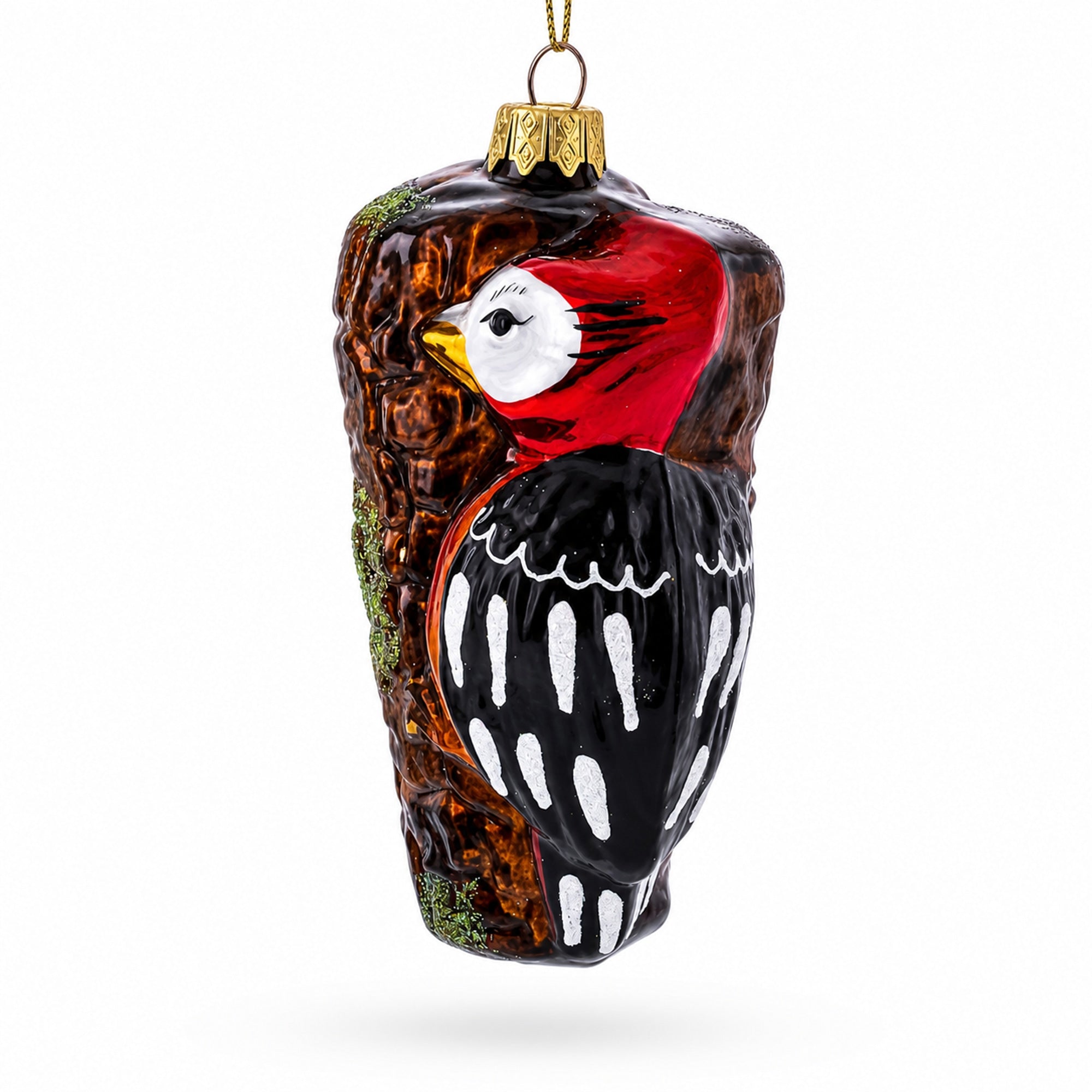 Red Headed Woodpecker Perched On Bark Glass Christmas Ornament