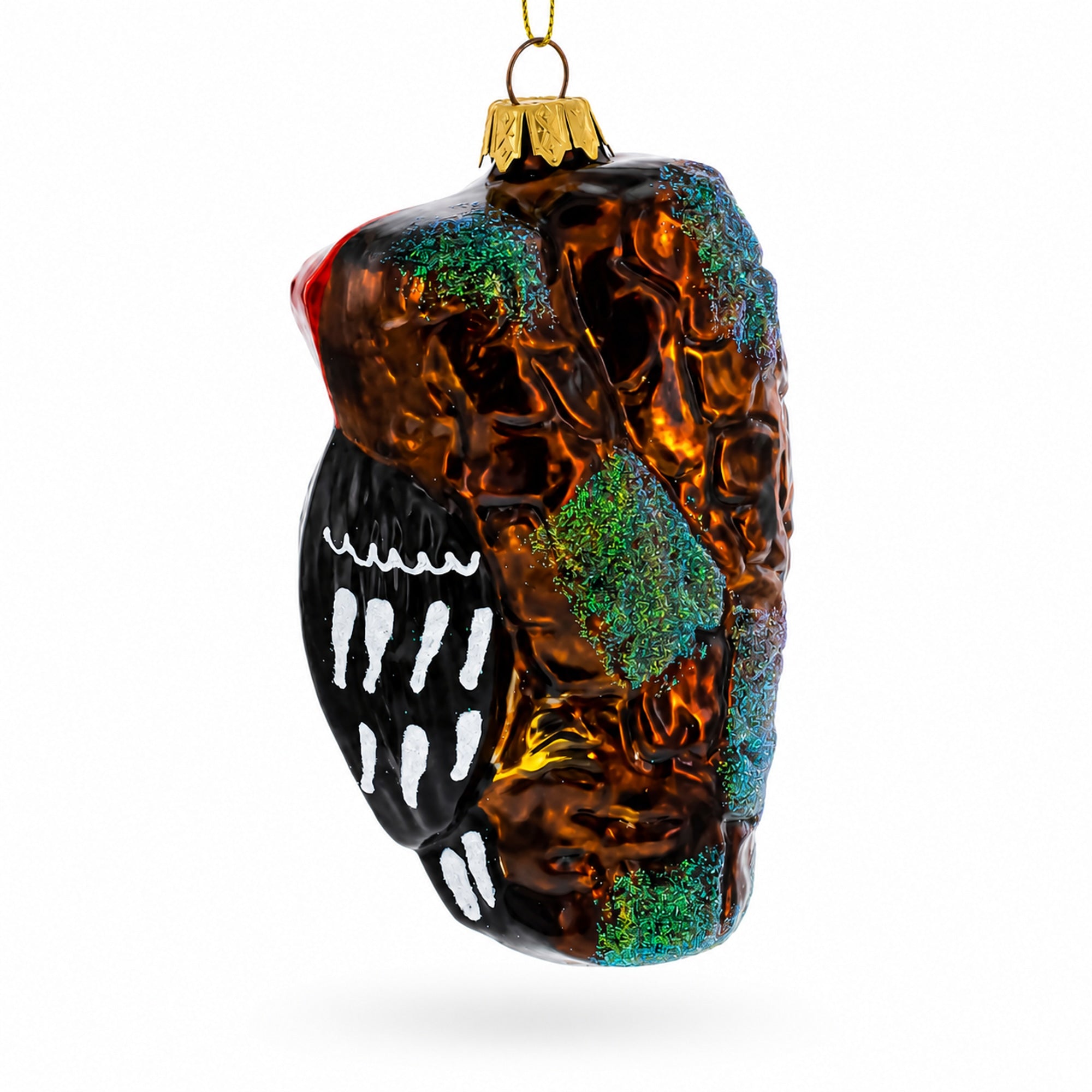 Red Headed Woodpecker Perched On Bark Glass Christmas Ornament