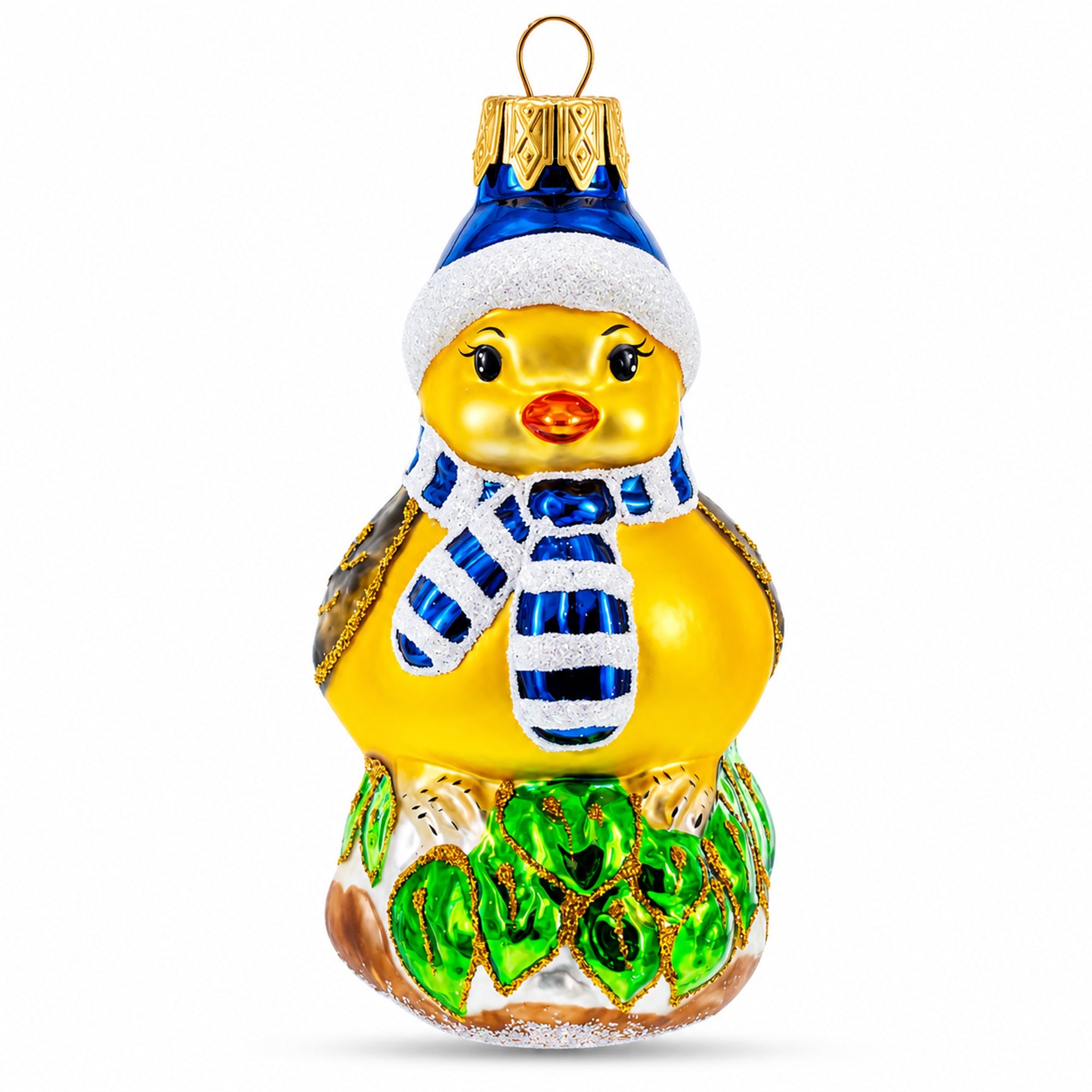 Yellow Chick With Blue Hat And Striped Scarf Glass Christmas Ornament
