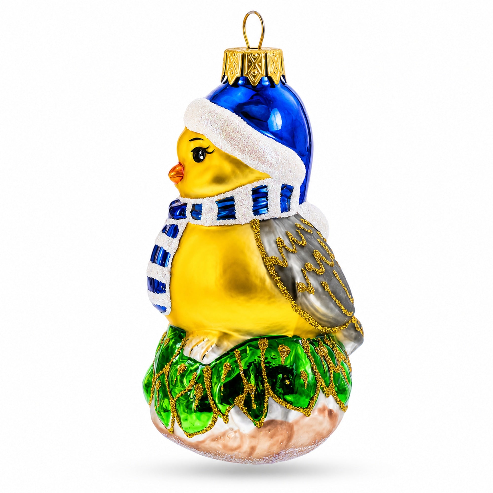 Yellow Chick With Blue Hat And Striped Scarf Glass Christmas Ornament