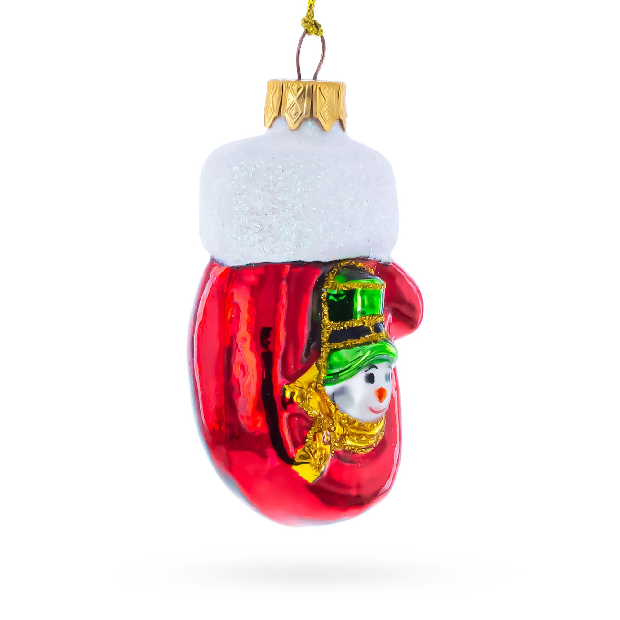 Red Mitten with Snowman Glass Christmas Ornament