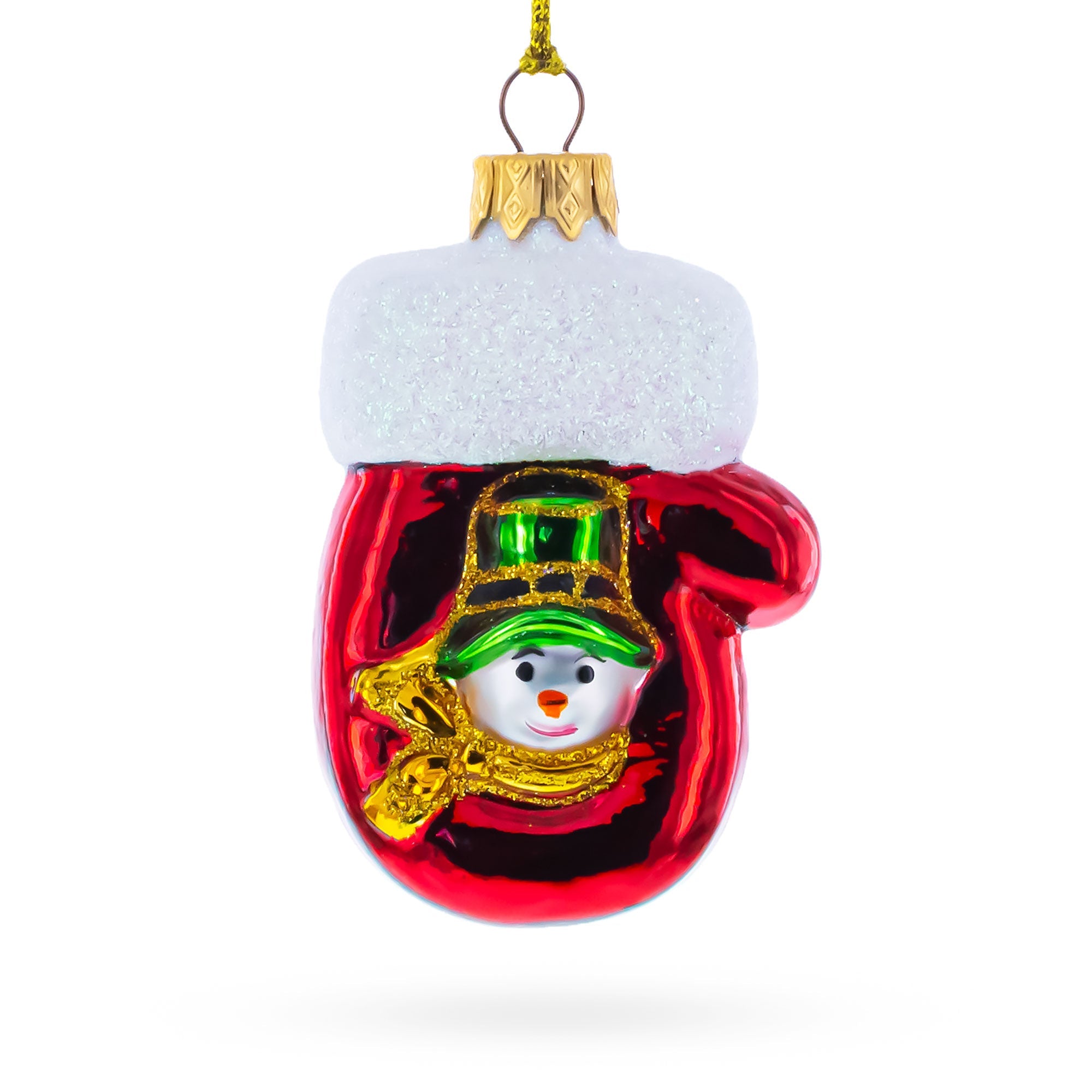 Red Mitten with Snowman Glass Christmas Ornament