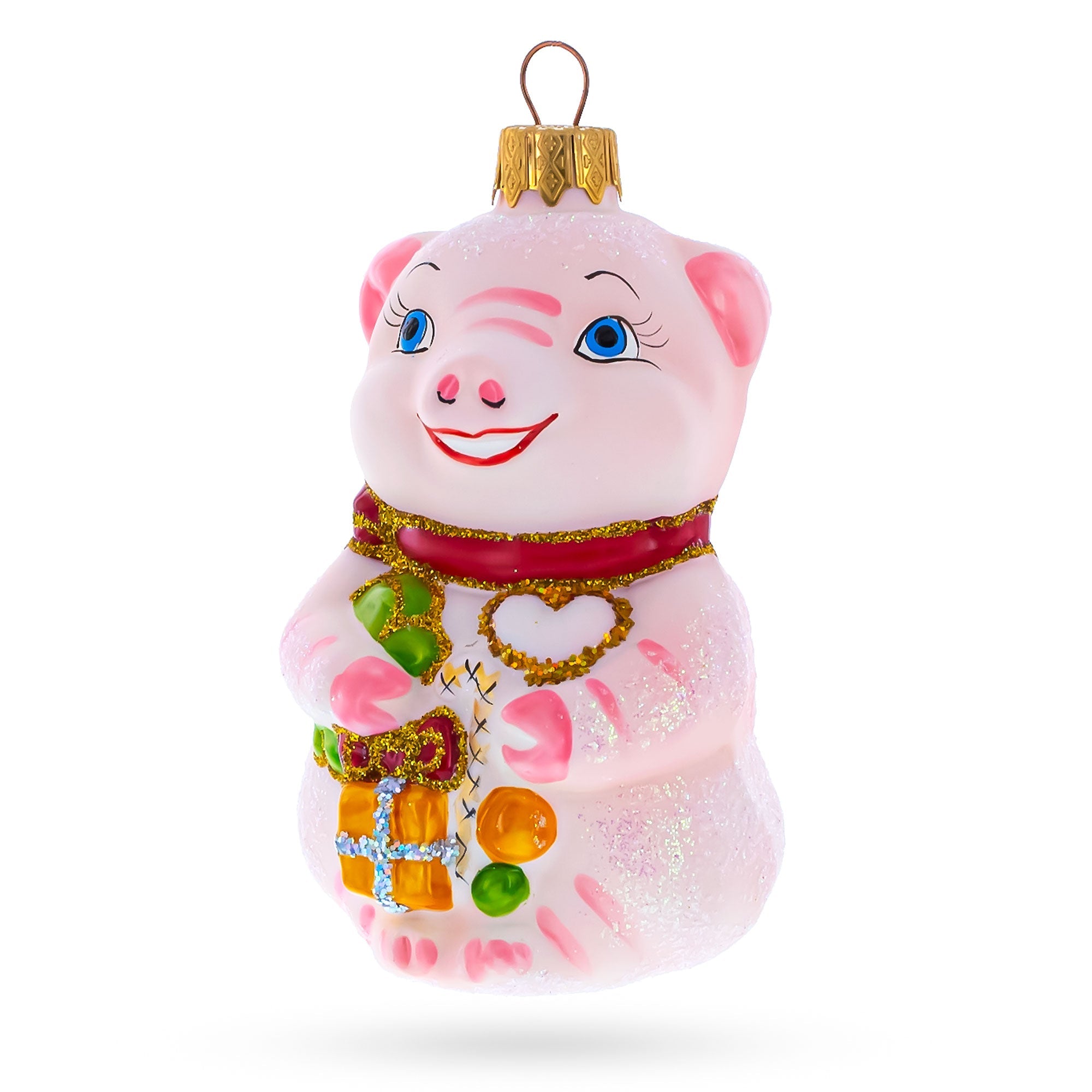 Pig with Gifts Glass Christmas Ornament