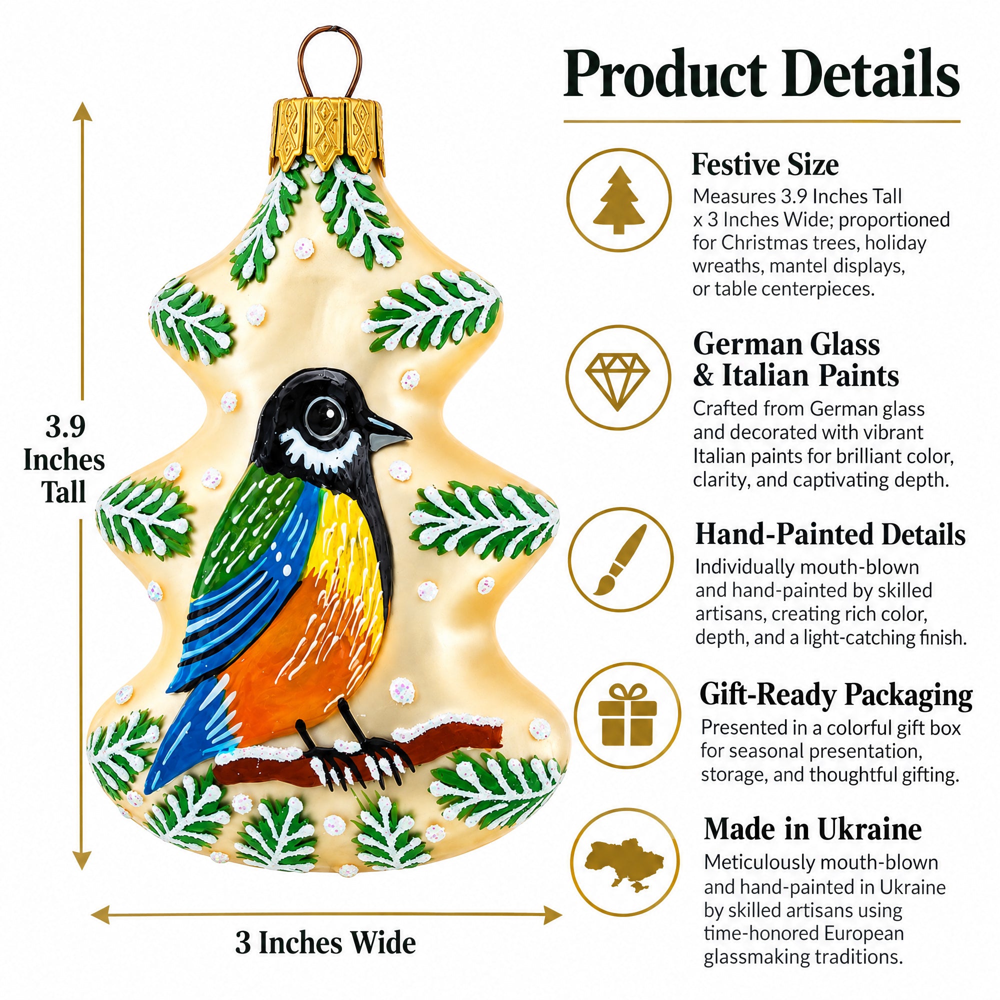 Winter Pine Tree with Songbird Glass Christmas Ornament