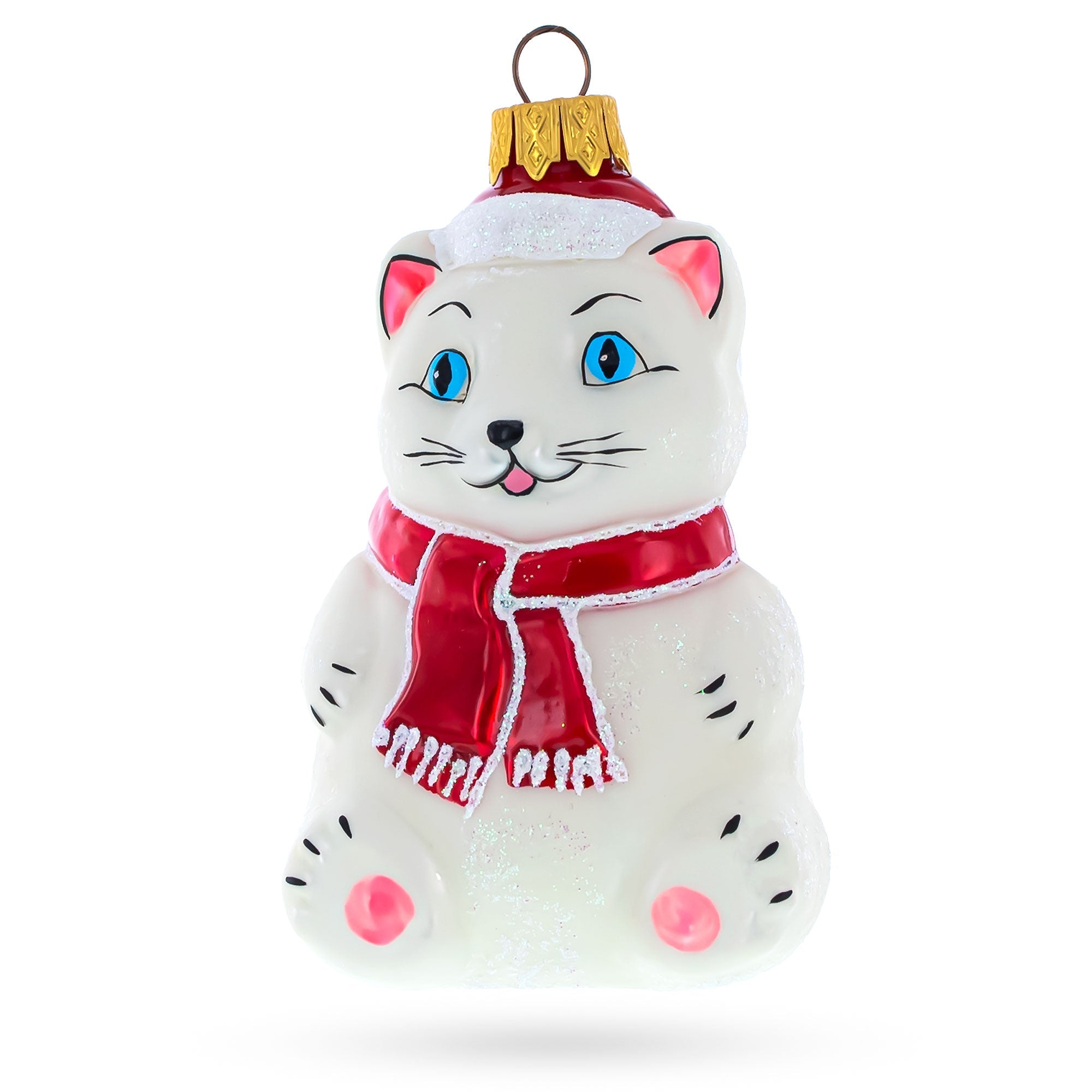 White Cat with Red Scarf Glass Christmas Ornament