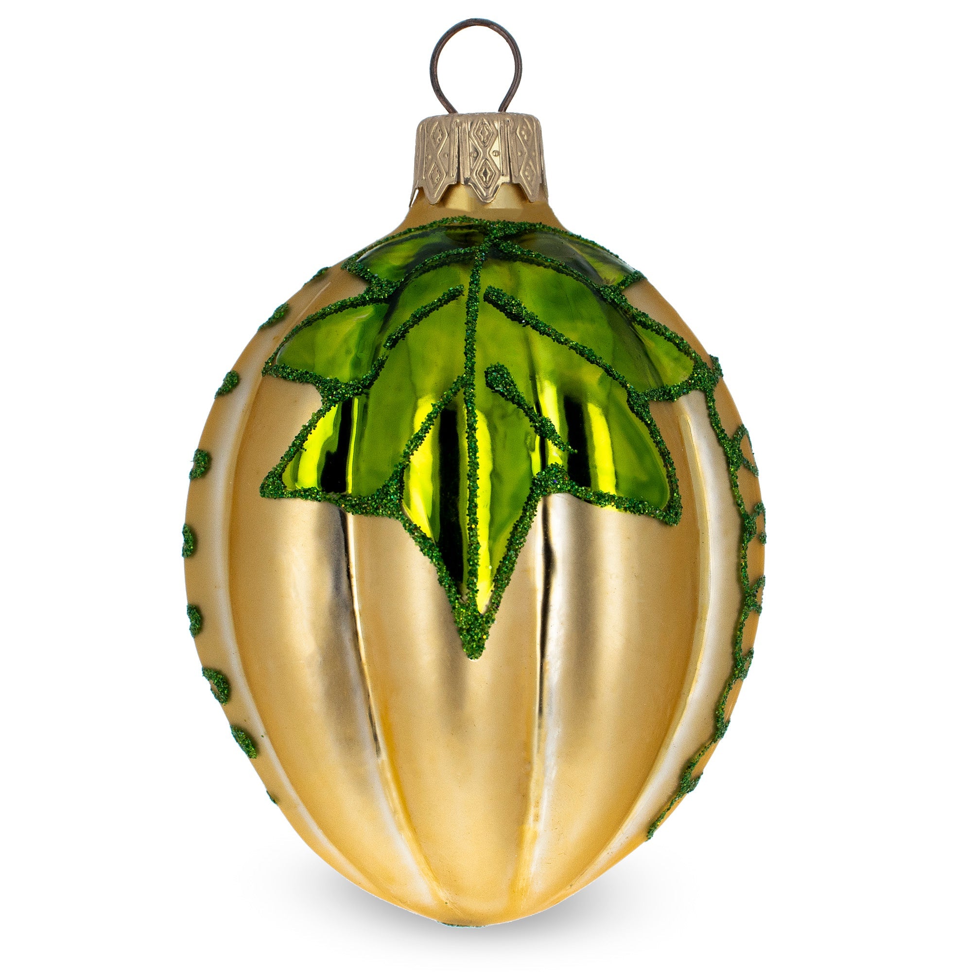 Pumpkin with Leaf Glass Christmas Ornament