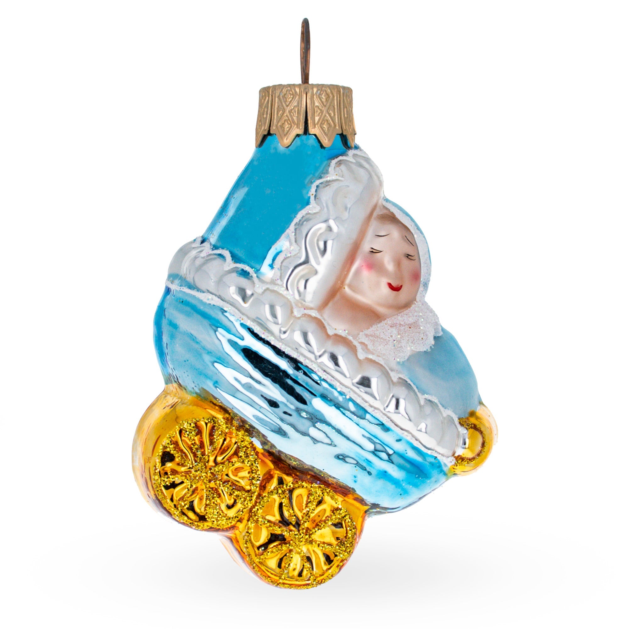 Newborn Baby Boy in a Stroller Glass Christmas Ornament