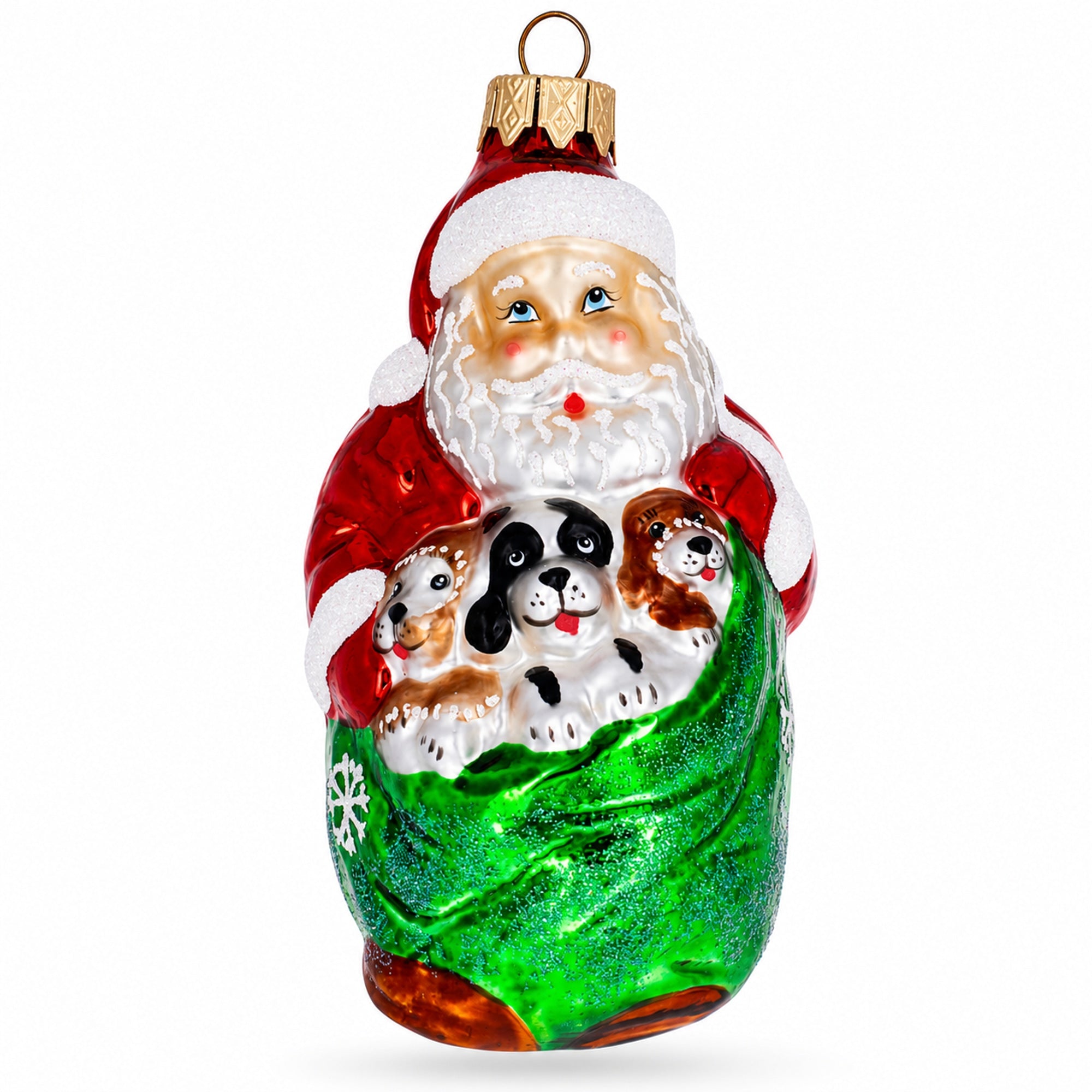 Santa with 3 Puppies Glass Christmas Ornament