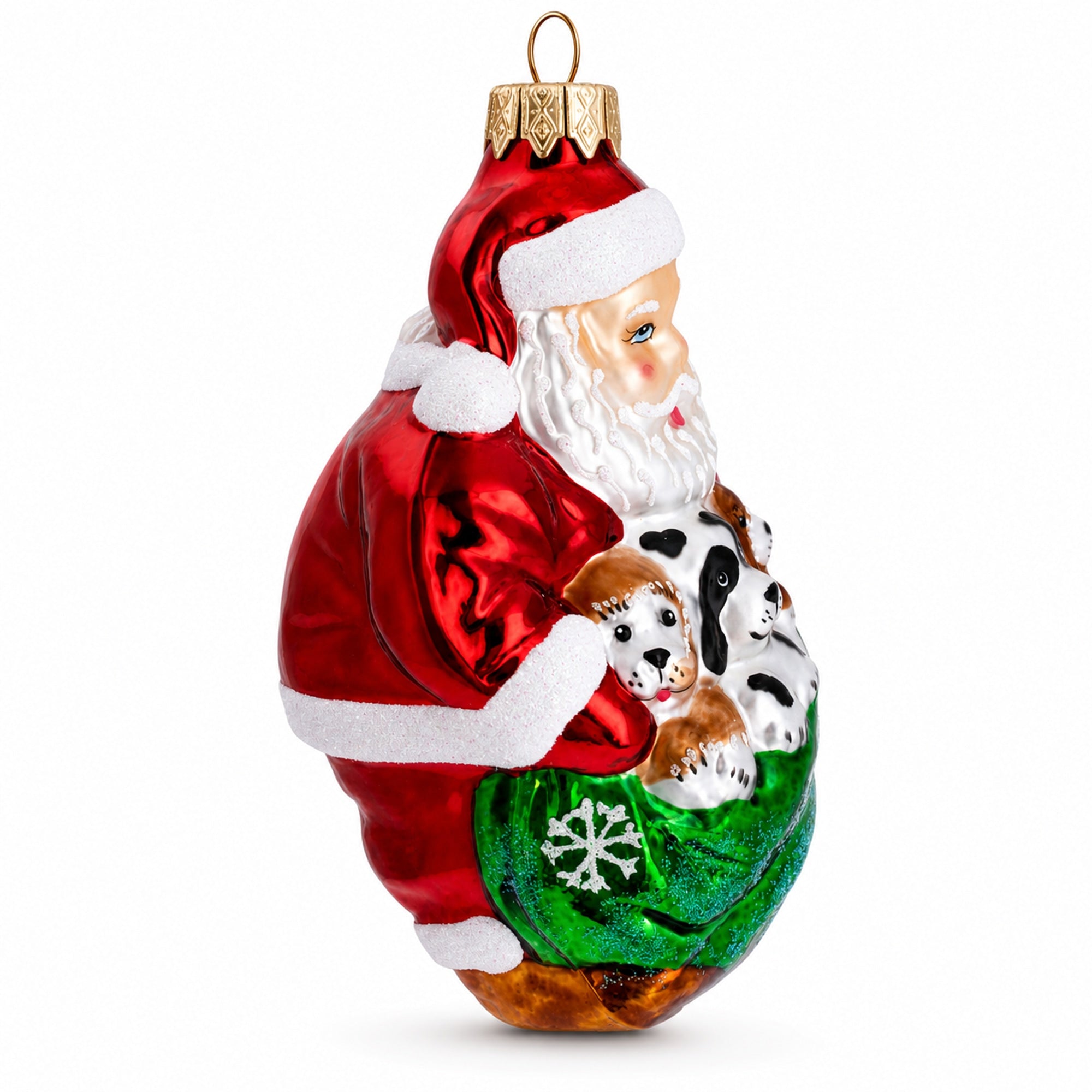 Santa with 3 Puppies Glass Christmas Ornament