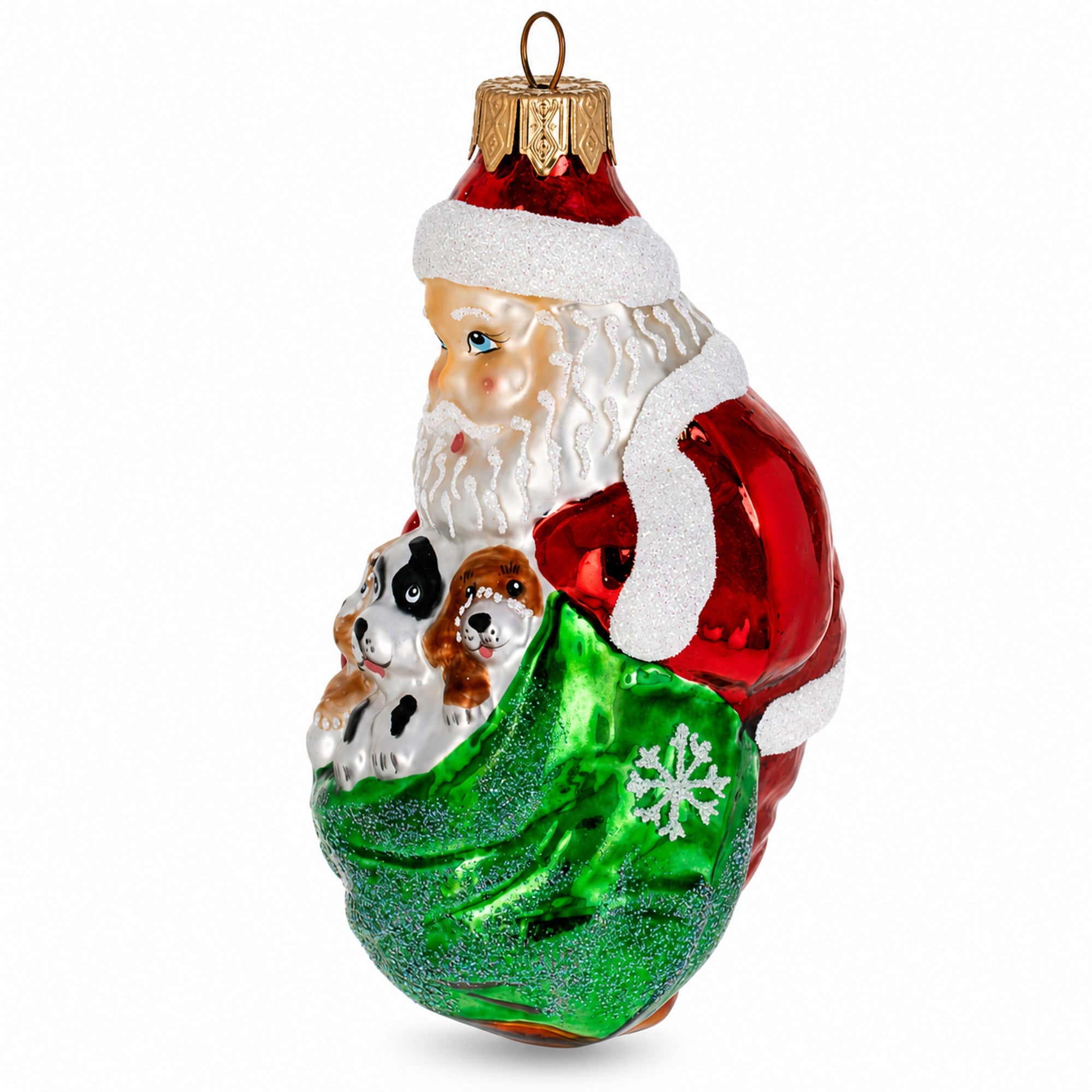 Santa with 3 Puppies Glass Christmas Ornament