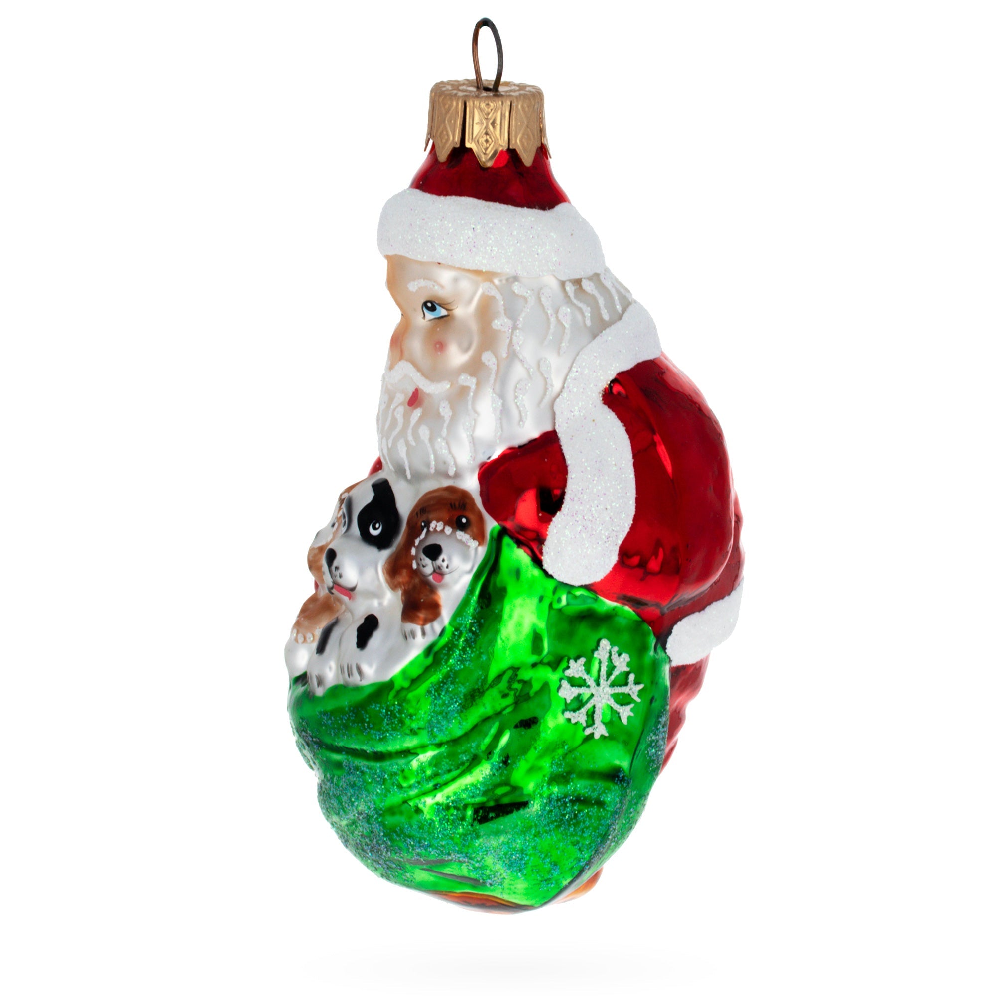 Santa with 3 Puppies Glass Christmas Ornament