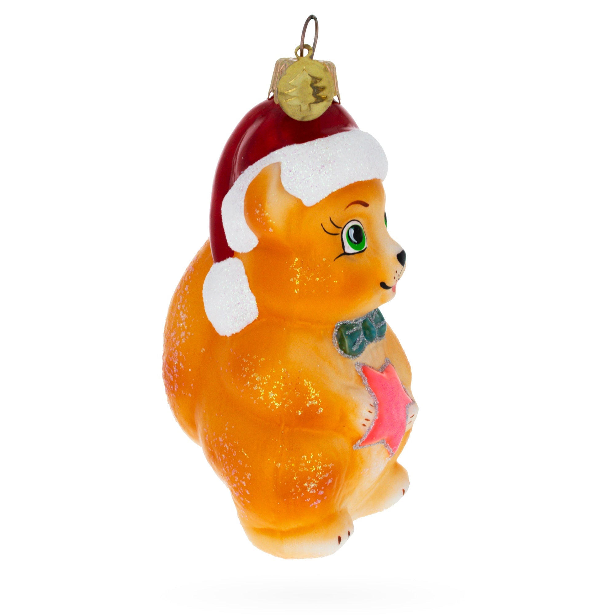 Santa Hat Squirrel Holding Star Glass Christmas Ornament