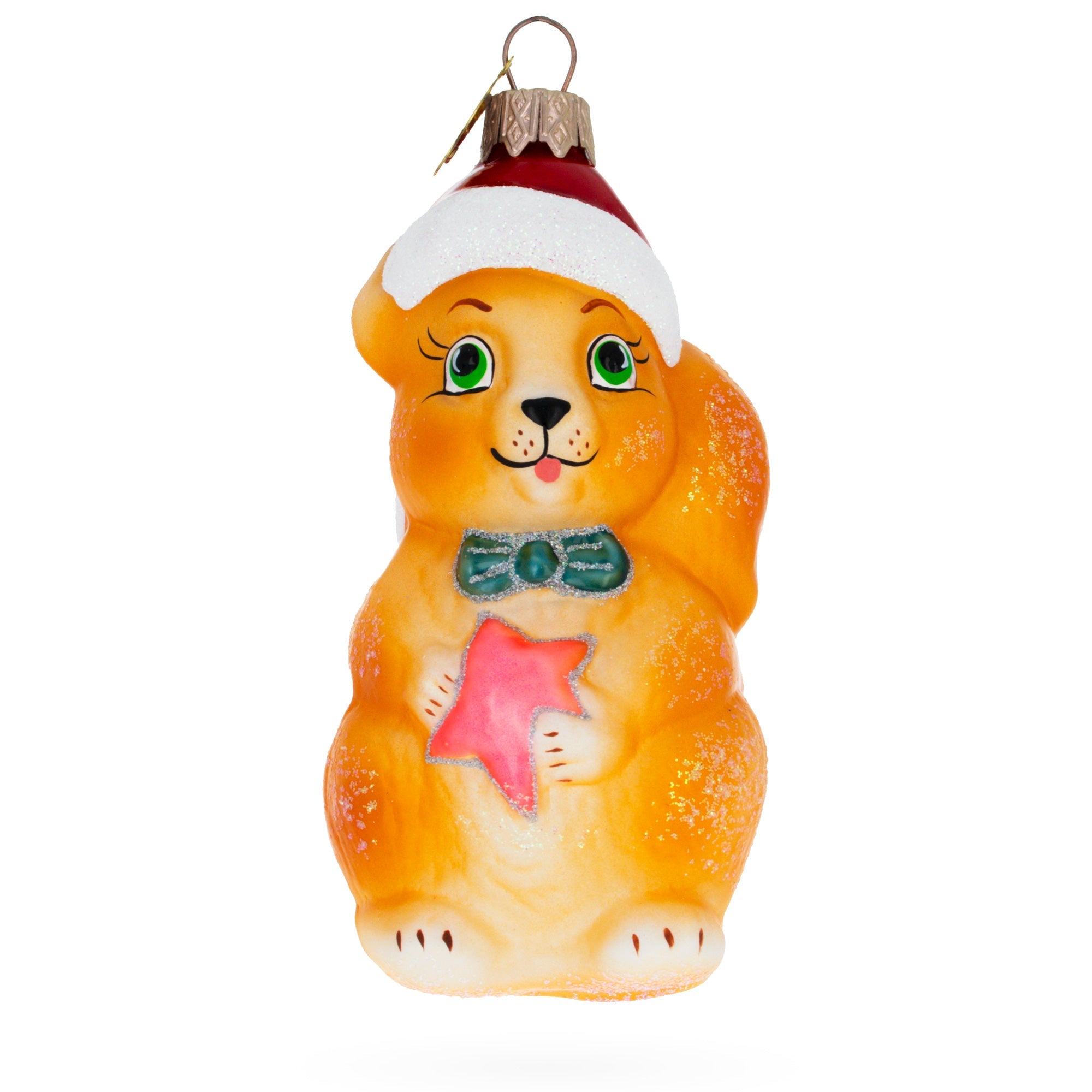 Santa Hat Squirrel Holding Star Glass Christmas Ornament