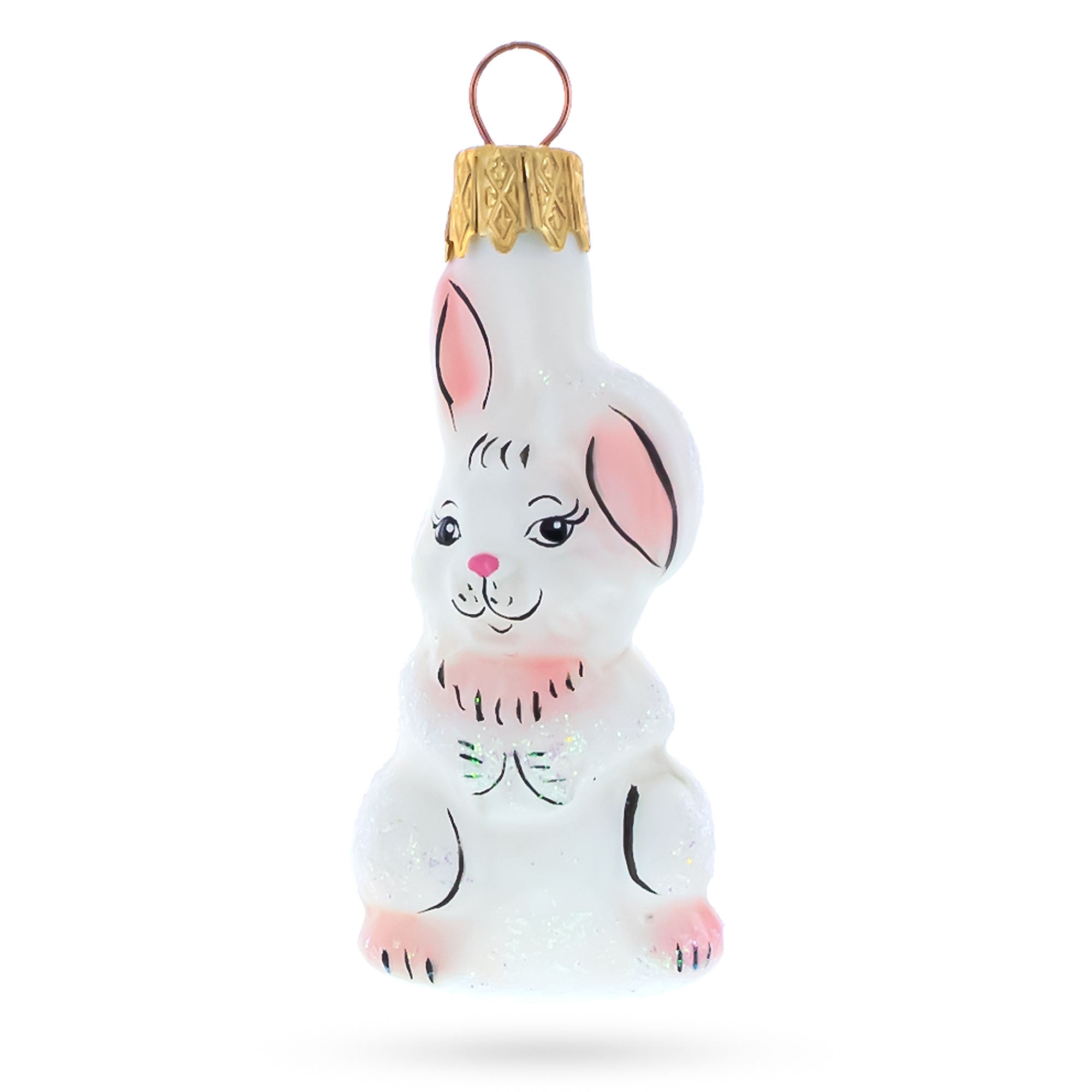 Whimsical White Rabbit with Pink Ears Glass Christmas Ornament