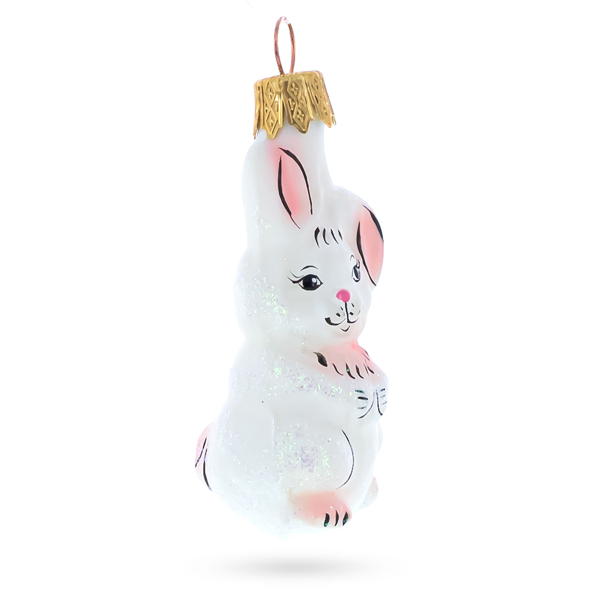 Whimsical White Rabbit with Pink Ears Glass Christmas Ornament
